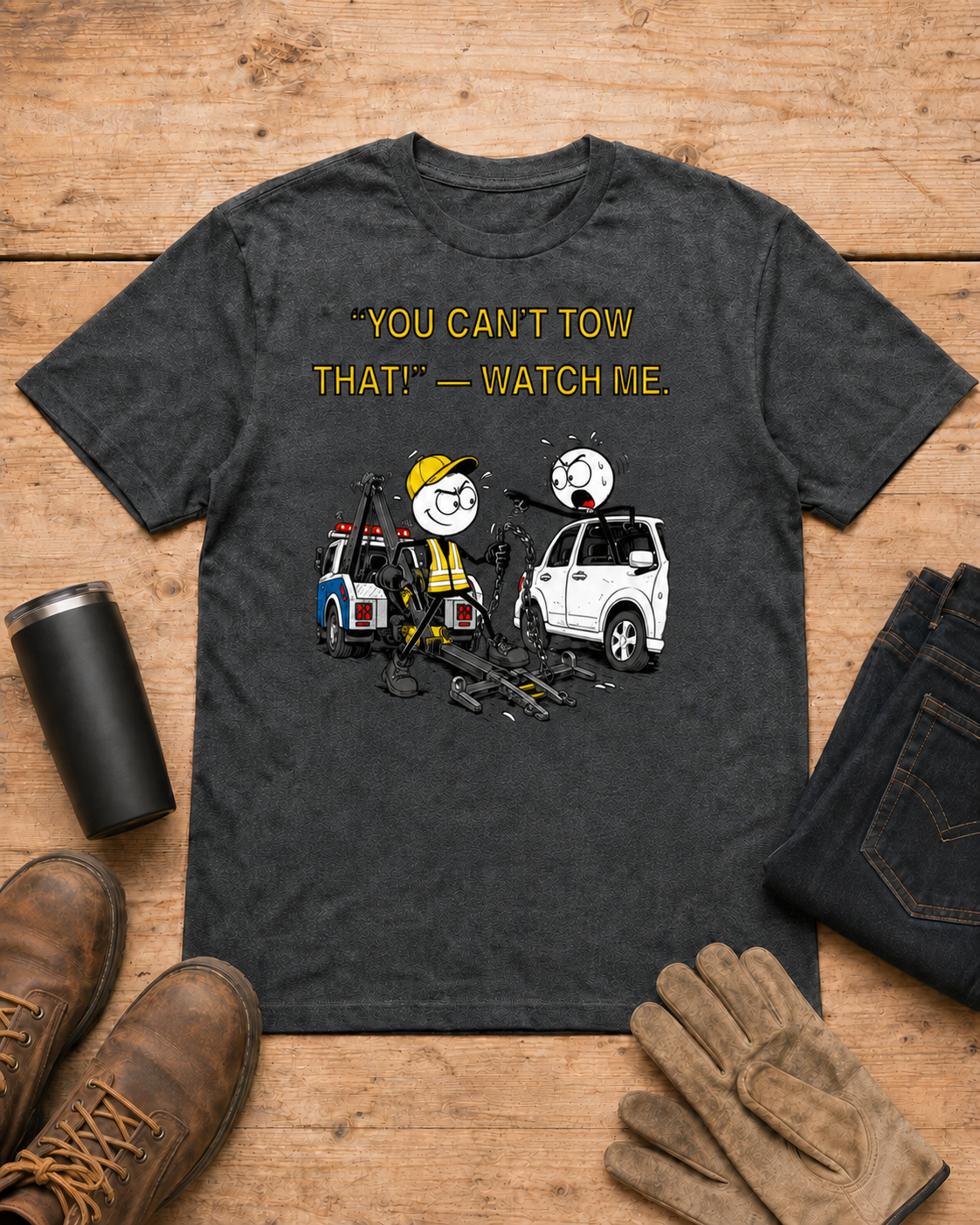 You Can’t Tow That Watch Me Tow Truck Driver T-Shirt in Dark Heather workbench flat lay