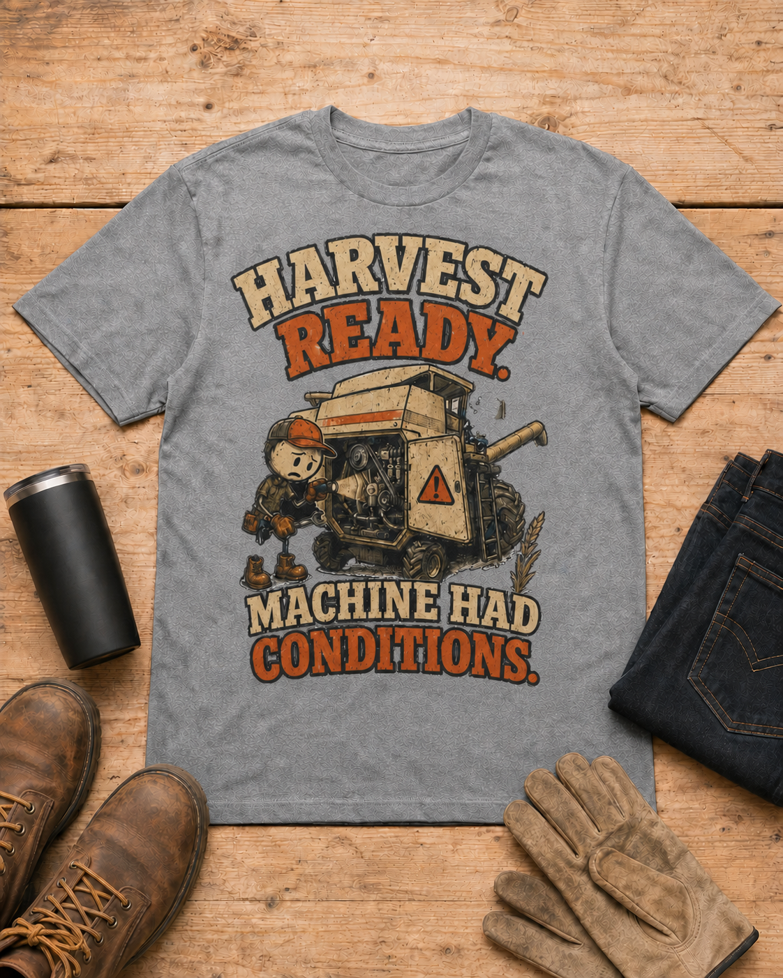 Harvest Ready Machine Had Conditions T-shirt in Dark Heather workbench flat lay