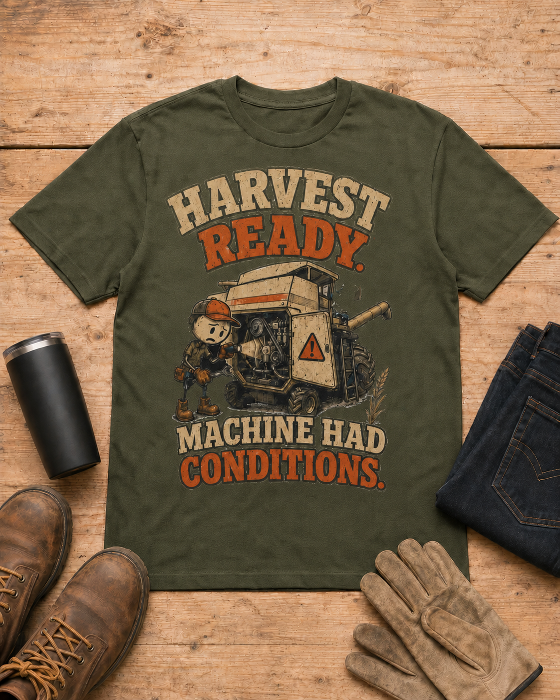 Harvest Ready Machine Had Conditions T-shirt in Military Green workbench flat lay