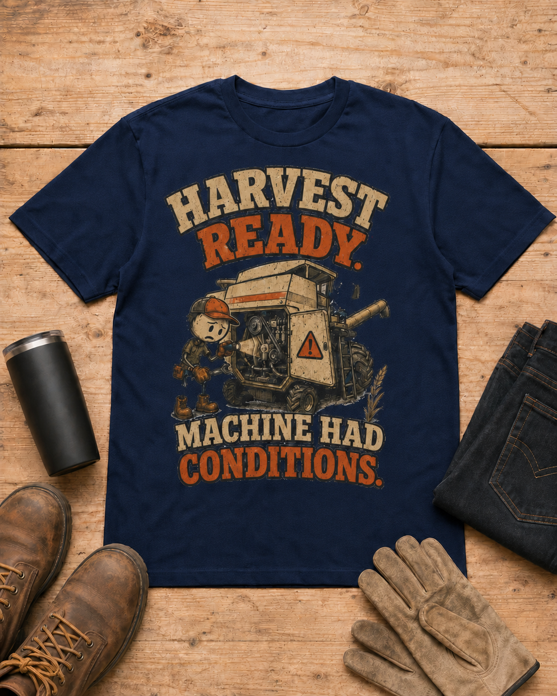 Harvest Ready Machine Had Conditions T-shirt in Navy workbench flat lay