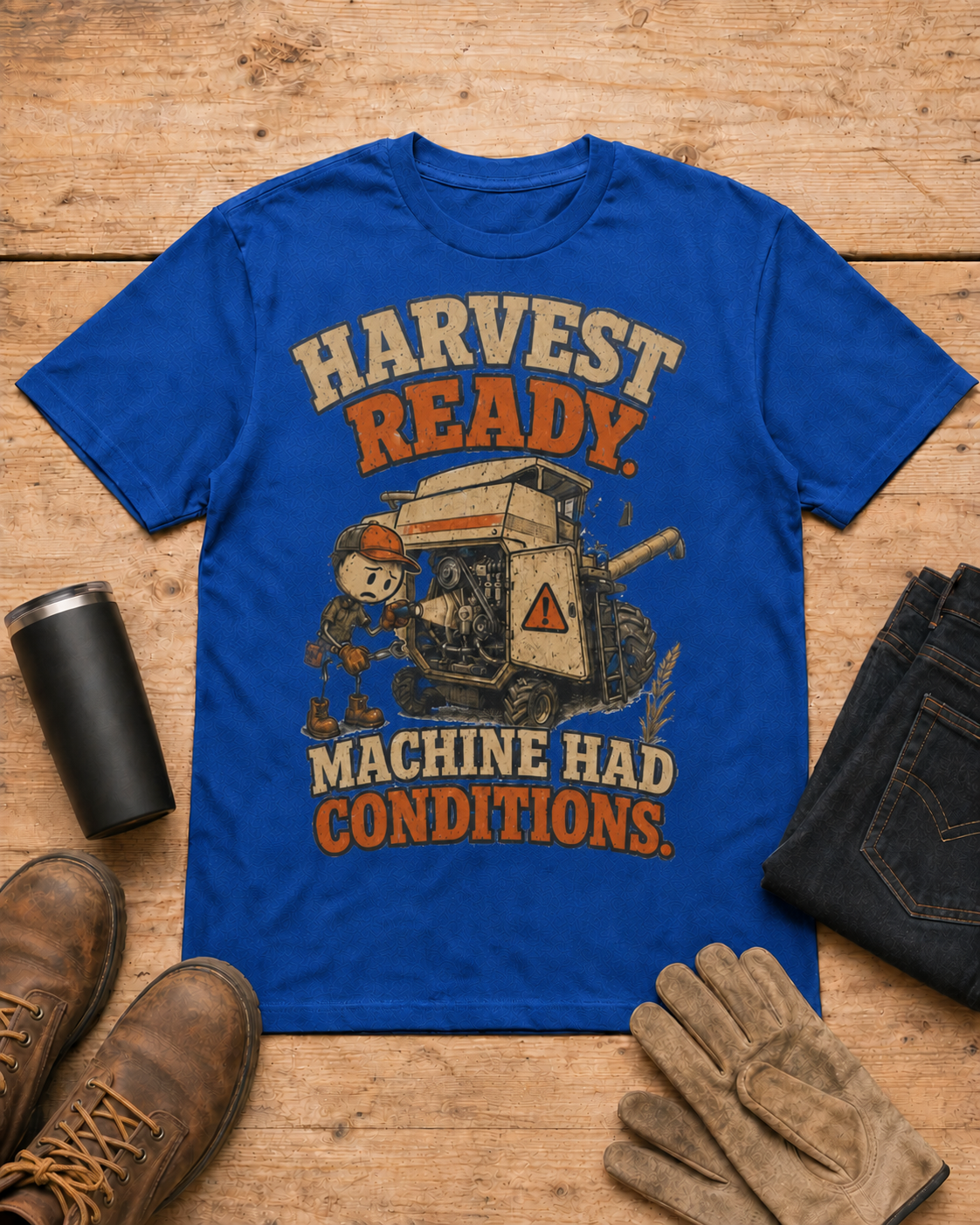 Harvest Ready Machine Had Conditions T-shirt in Royal Blue workbench flat lay