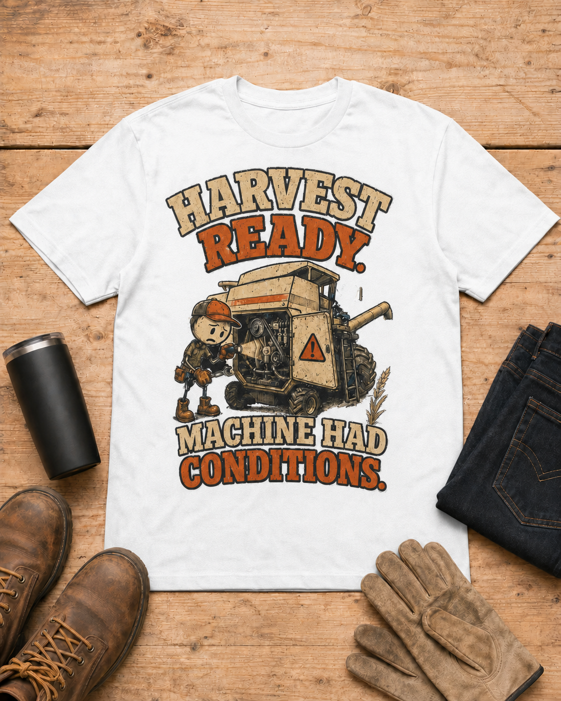 Harvest Ready Machine Had Conditions T-shirt in White workbench flat lay