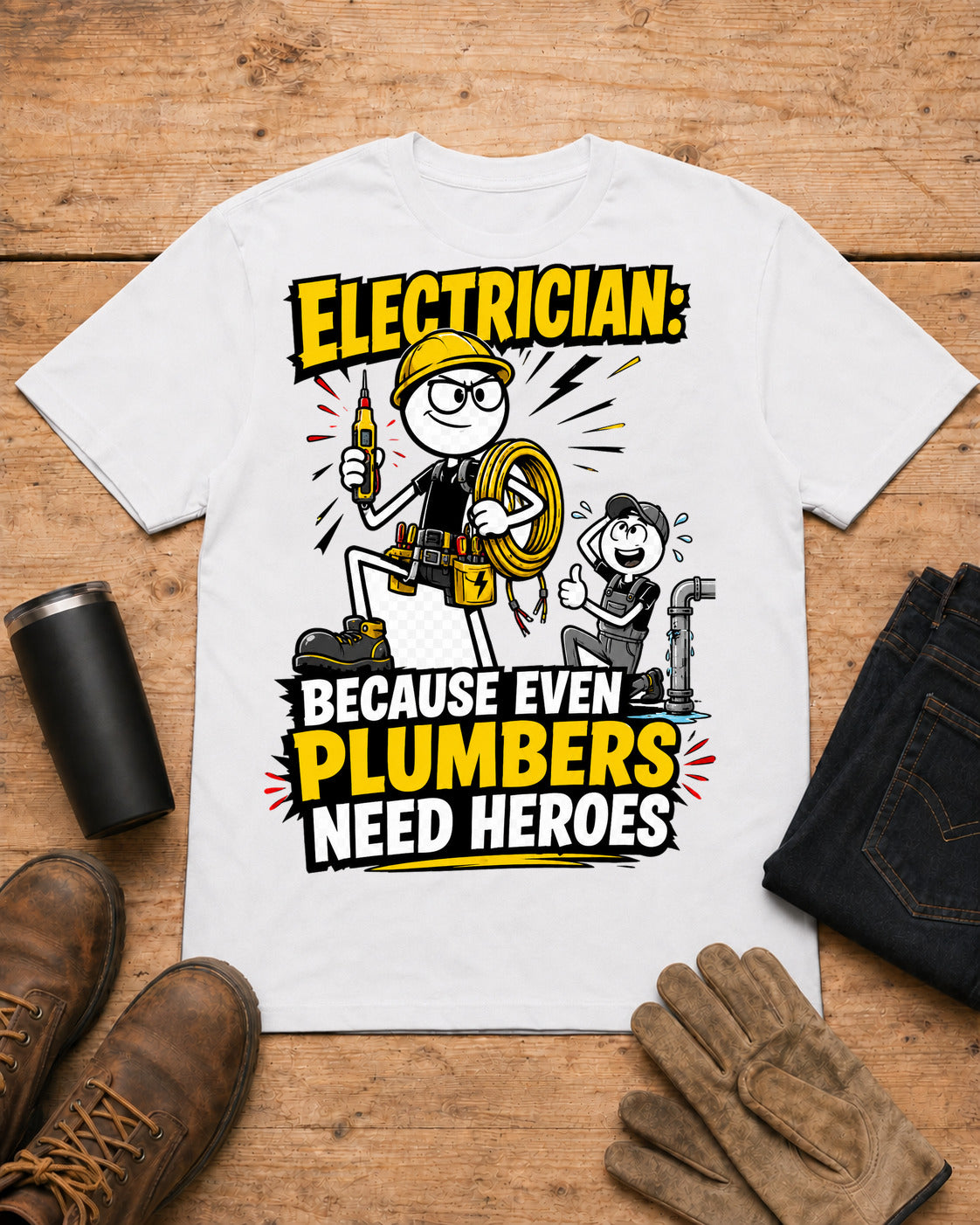 Electrician — Because Even Plumbers Need Heroes | Electrician T-Shirt in White workbench flat lay
