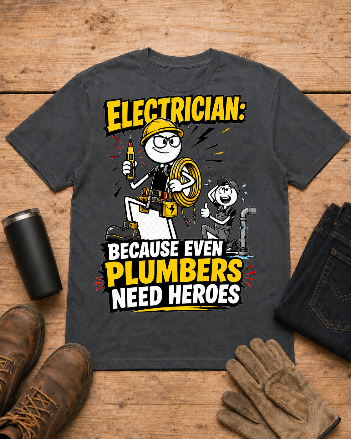 Electrician — Because Even Plumbers Need Heroes | Electrician T-Shirt in Dark Heather workbench flat lay