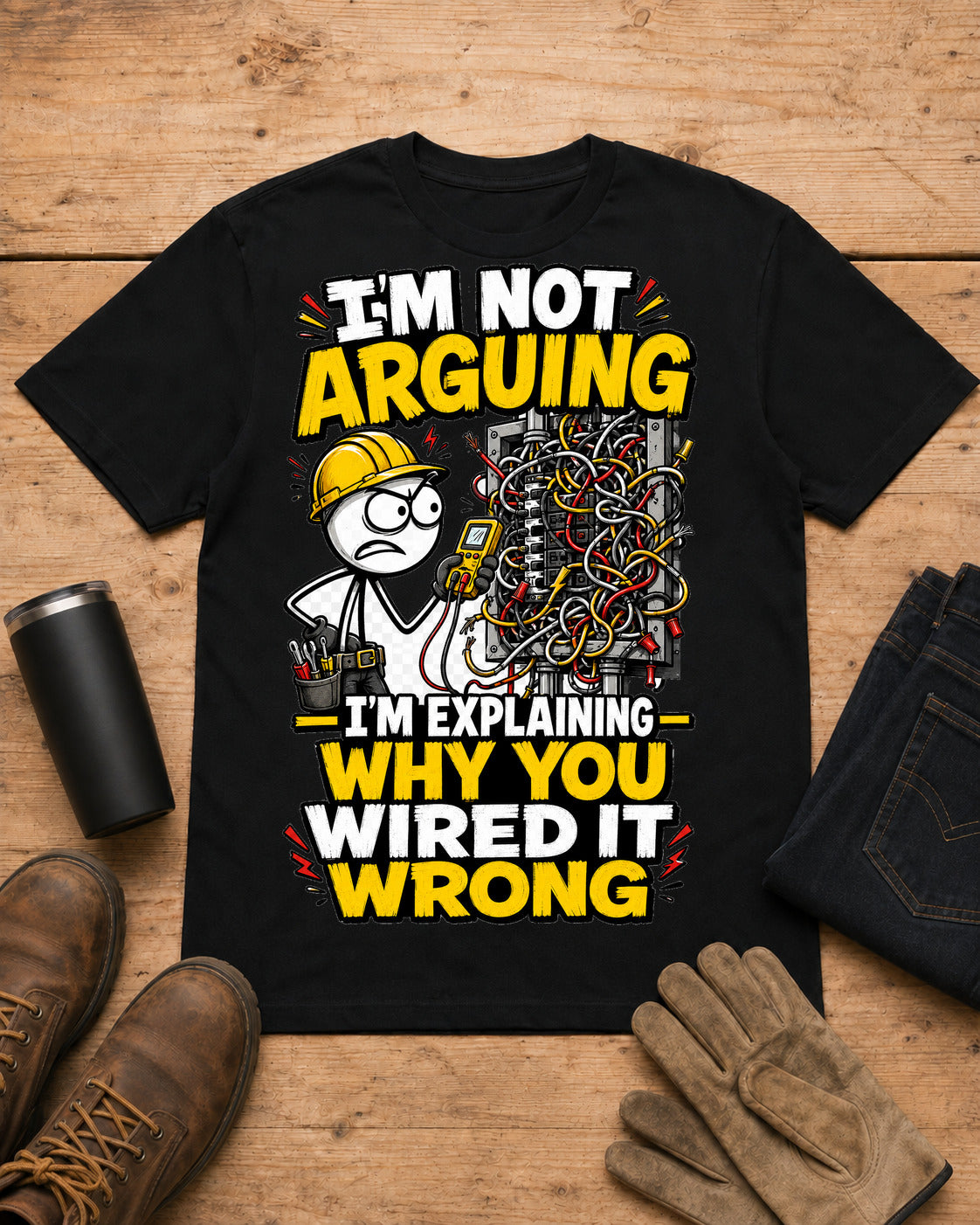 I’m Not Arguing — I’m Explaining Why You Wired It Wrong | Electrician T-Shirt in Black workbench flat lay