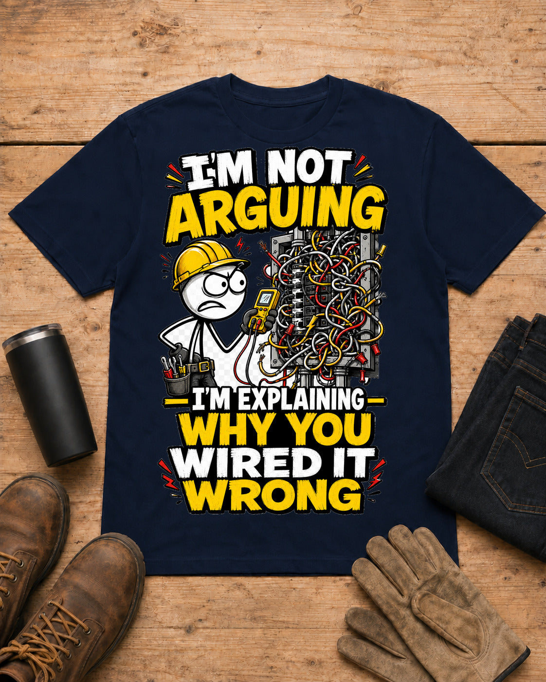 I’m Not Arguing — I’m Explaining Why You Wired It Wrong | Electrician T-Shirt in Navy workbench flat lay