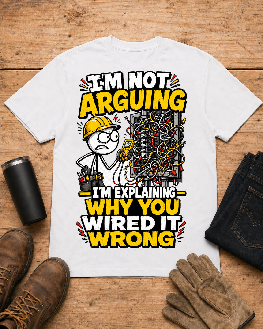 I’m Not Arguing — I’m Explaining Why You Wired It Wrong | Electrician T-Shirt in White workbench flat lay