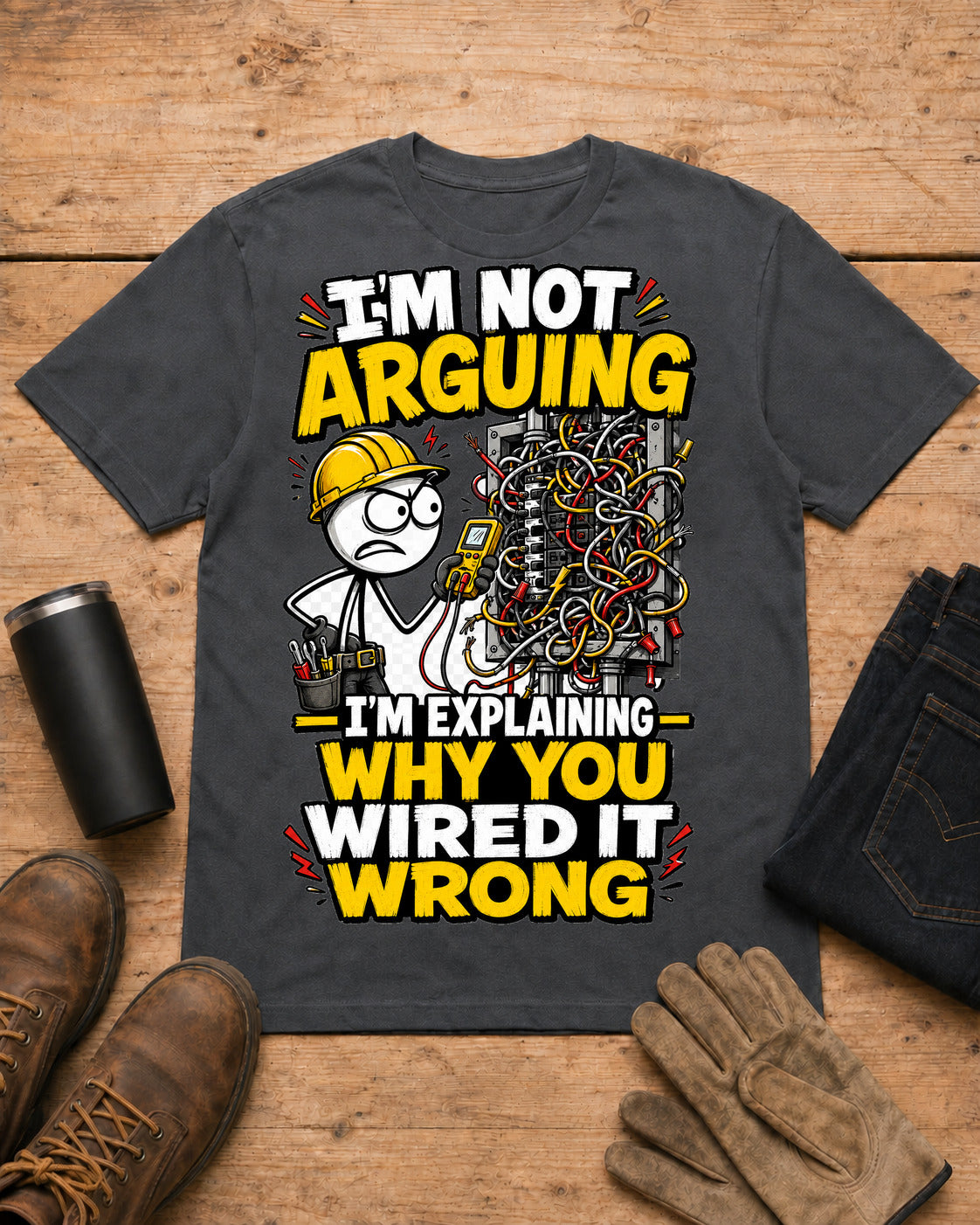 I’m Not Arguing — I’m Explaining Why You Wired It Wrong | Electrician T-Shirt in Dark Heather workbench flat lay