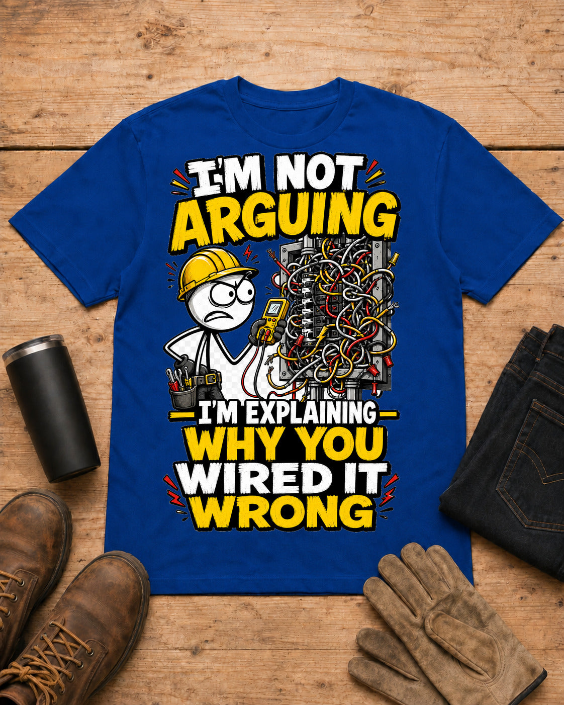 I’m Not Arguing — I’m Explaining Why You Wired It Wrong | Electrician T-Shirt in Royal Blue workbench flat lay
