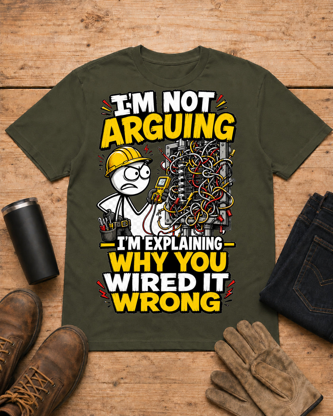 I’m Not Arguing — I’m Explaining Why You Wired It Wrong | Electrician T-Shirt in Military Green workbench flat lay