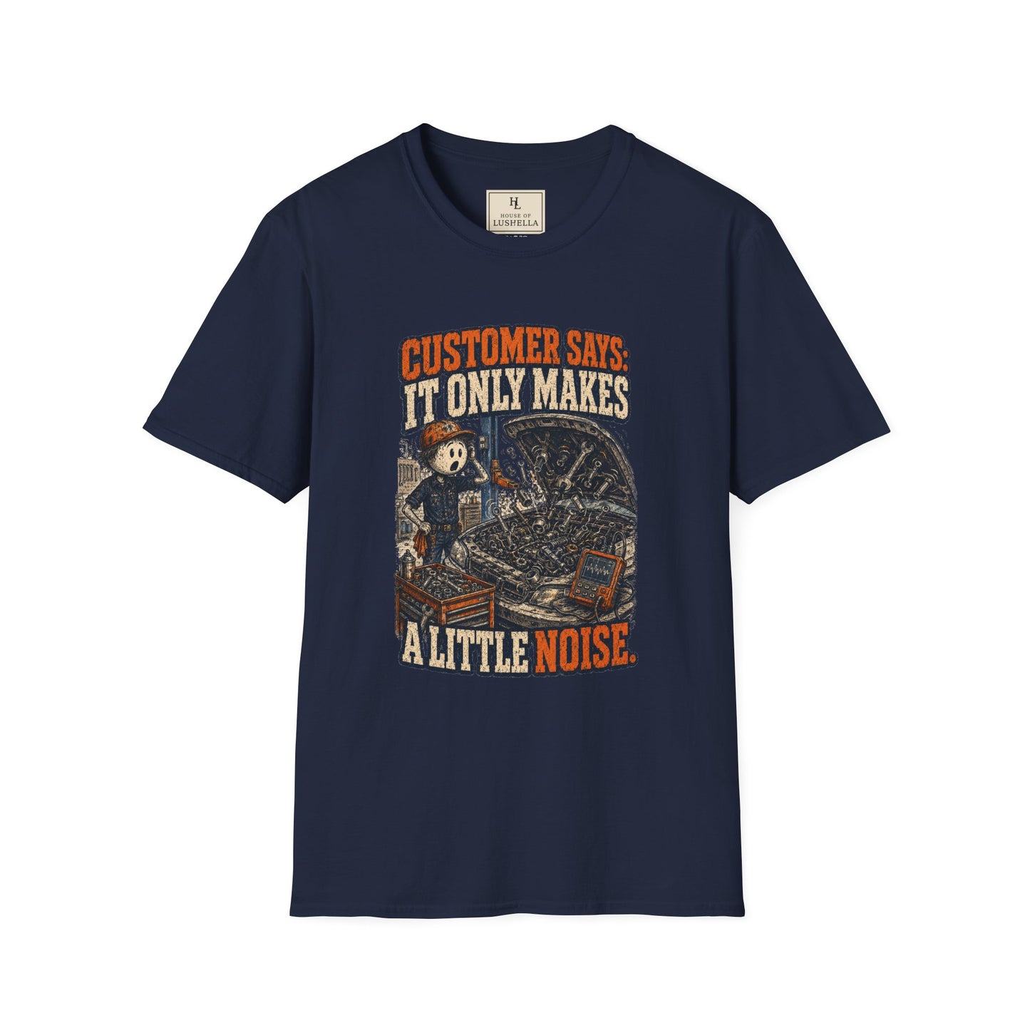 It Only Makes a Little Noise Mechanic Shirt on a Navy T-shirt — House of Lushella