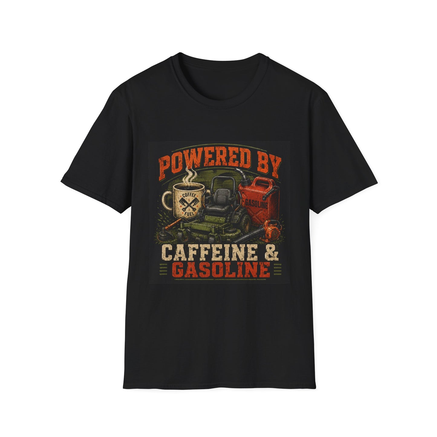 Powered by Caffeine and Gasoline Lawn Care Shirt product mockup, view 2