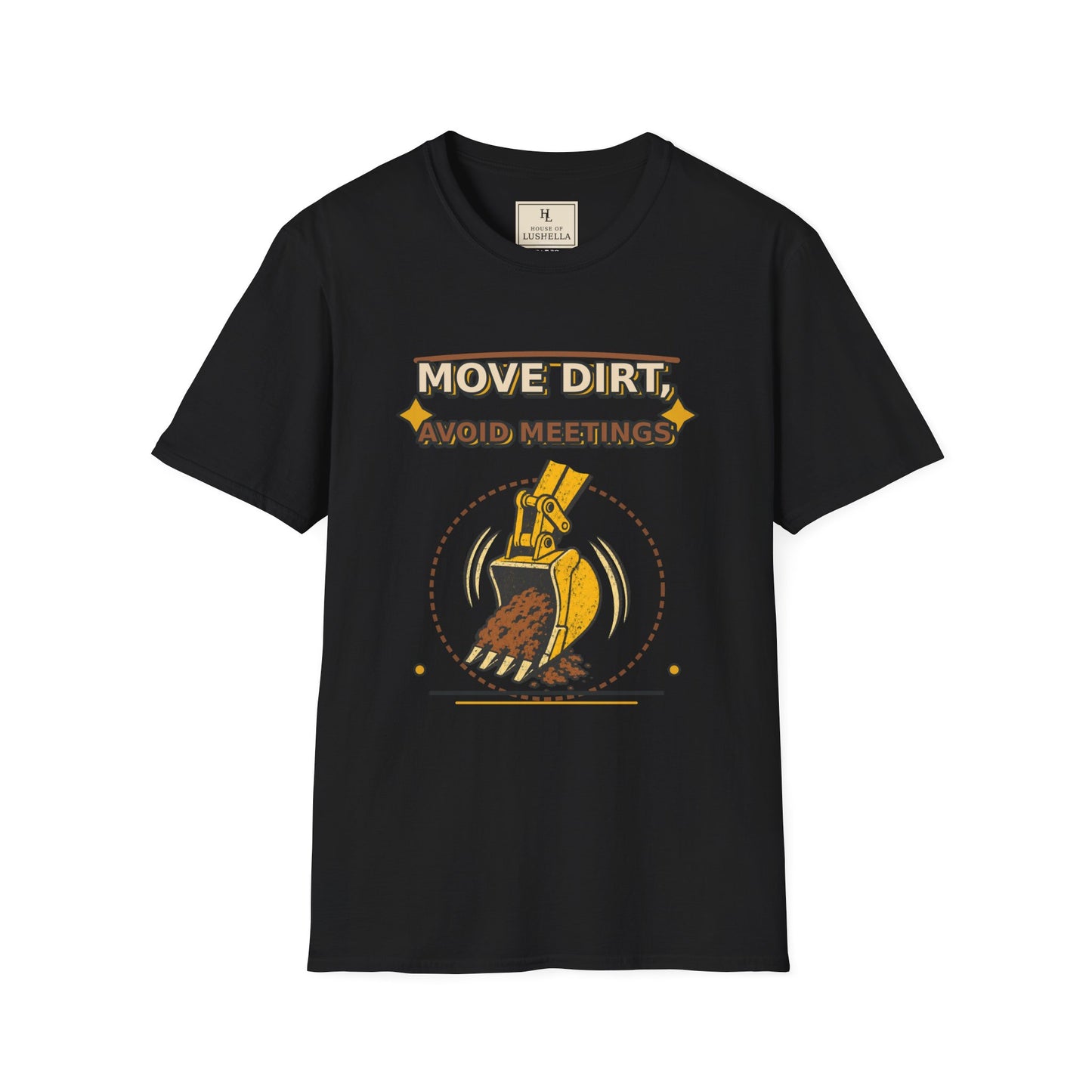 Move Dirt Avoid Meetings Excavator Shirt product mockup, view 2