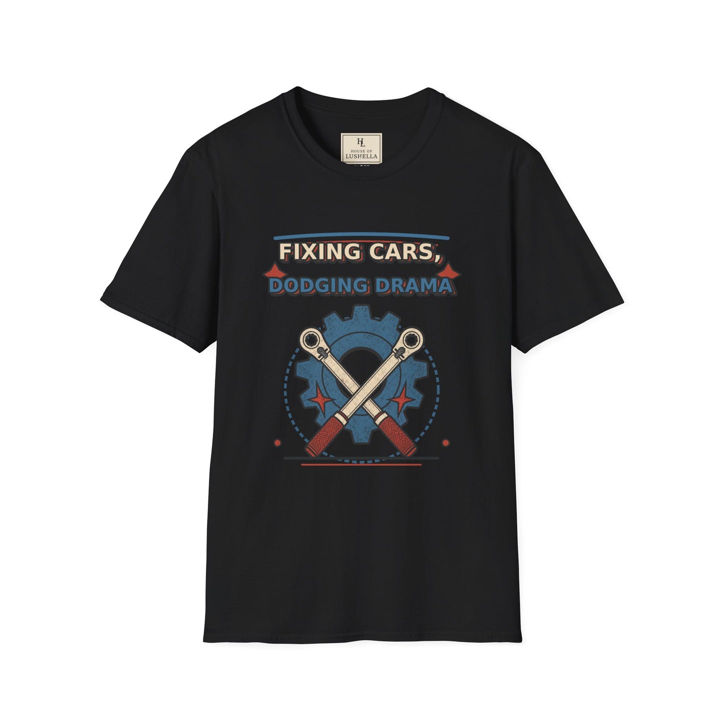 Fixing Cars Dodging Drama Mechanic Shirt product mockup, view 2