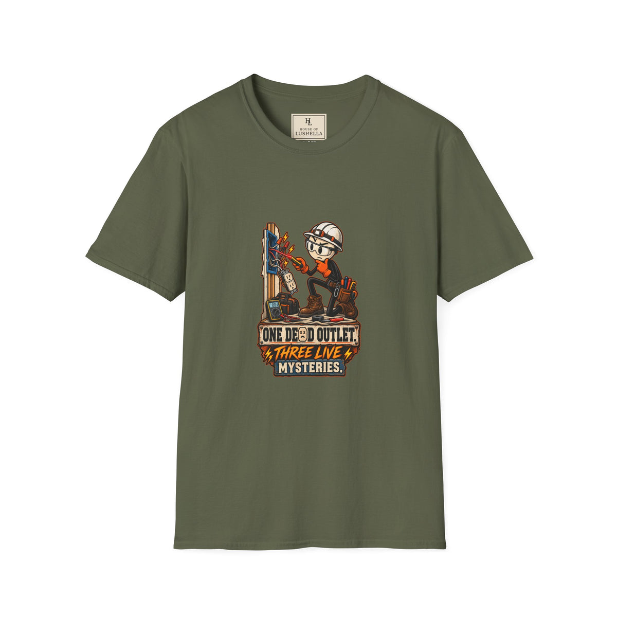 One Dead Outlet, Three Live Mysteries | Funny Electrician T-Shirt product mockup