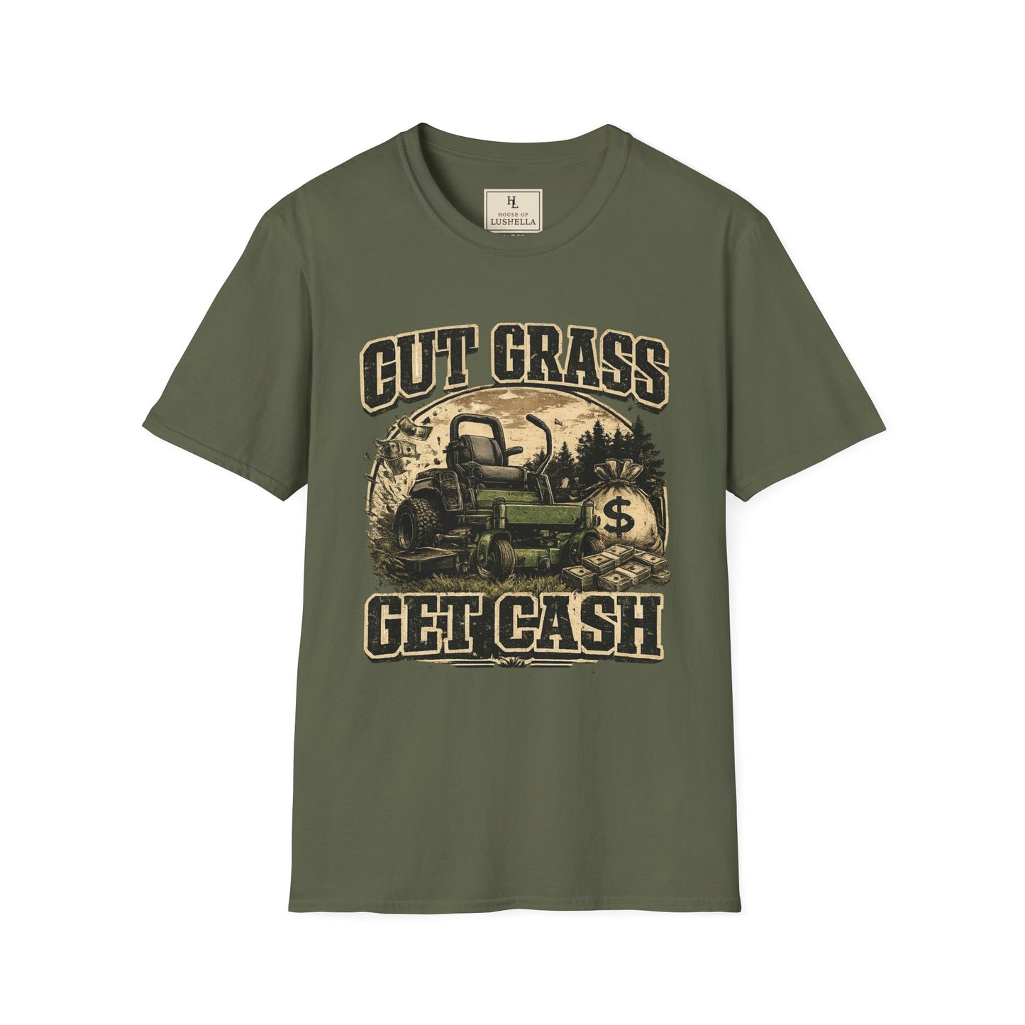 Cut Grass Get Cash Lawn Care Shirt product mockup, view 3