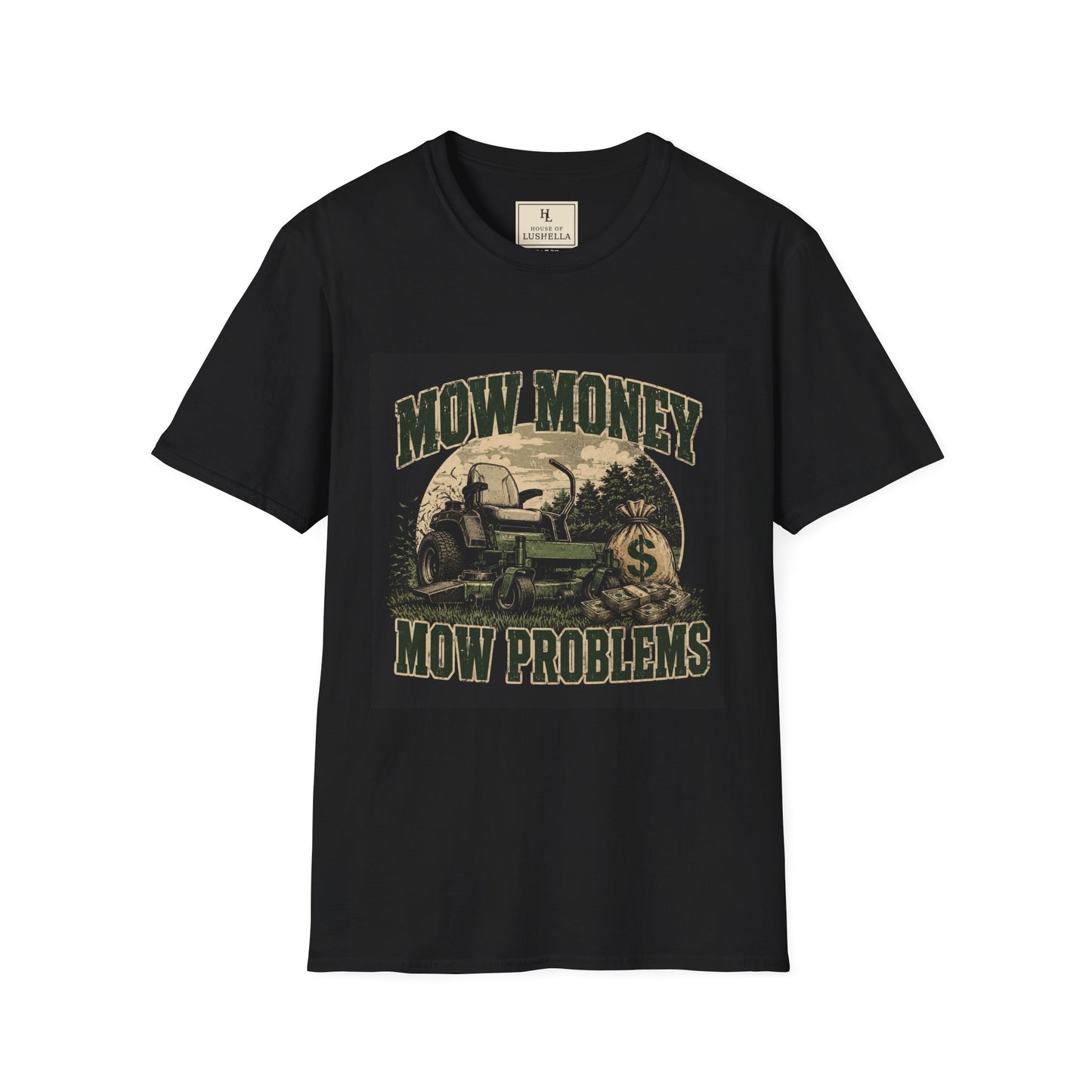 Mow Money Mow Problems Lawn Care Shirt product mockup, view 2