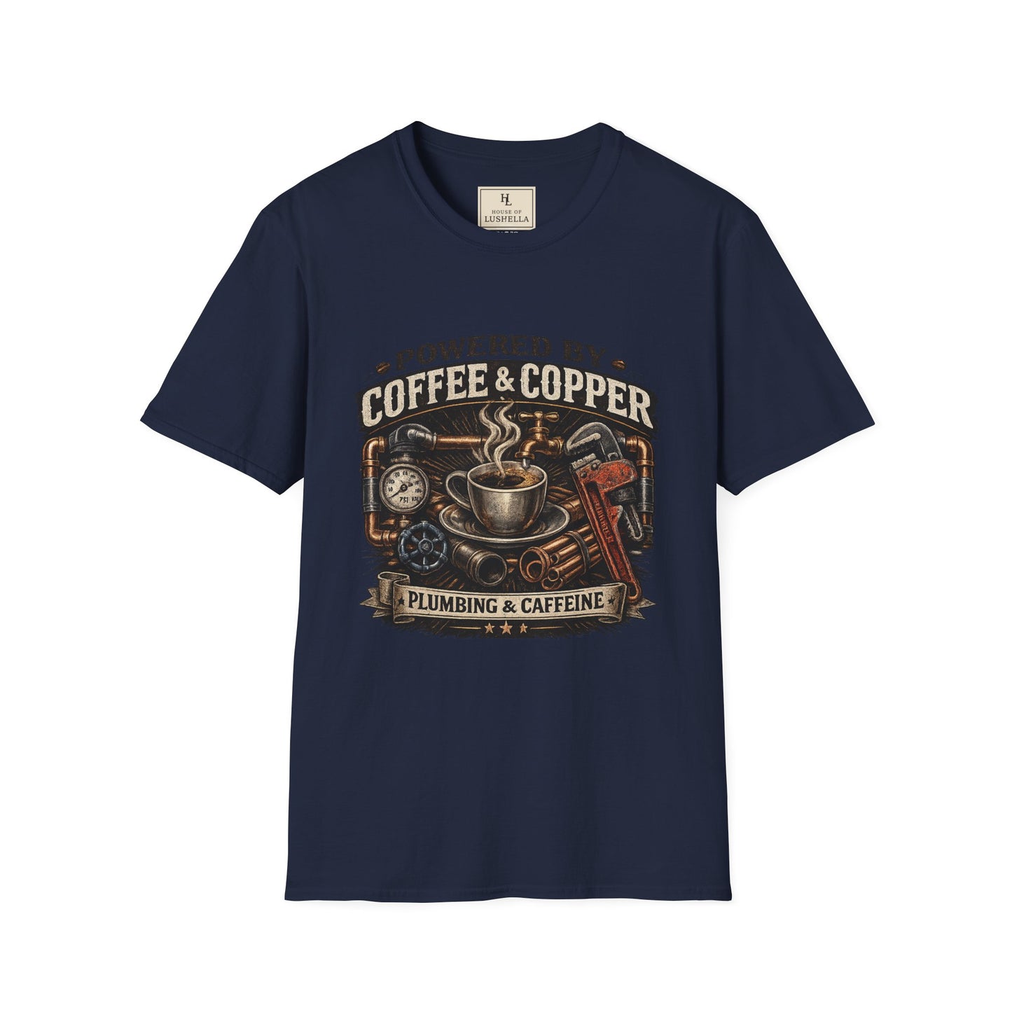 Powered by Coffee and Copper Plumber Shirt product mockup, view 5
