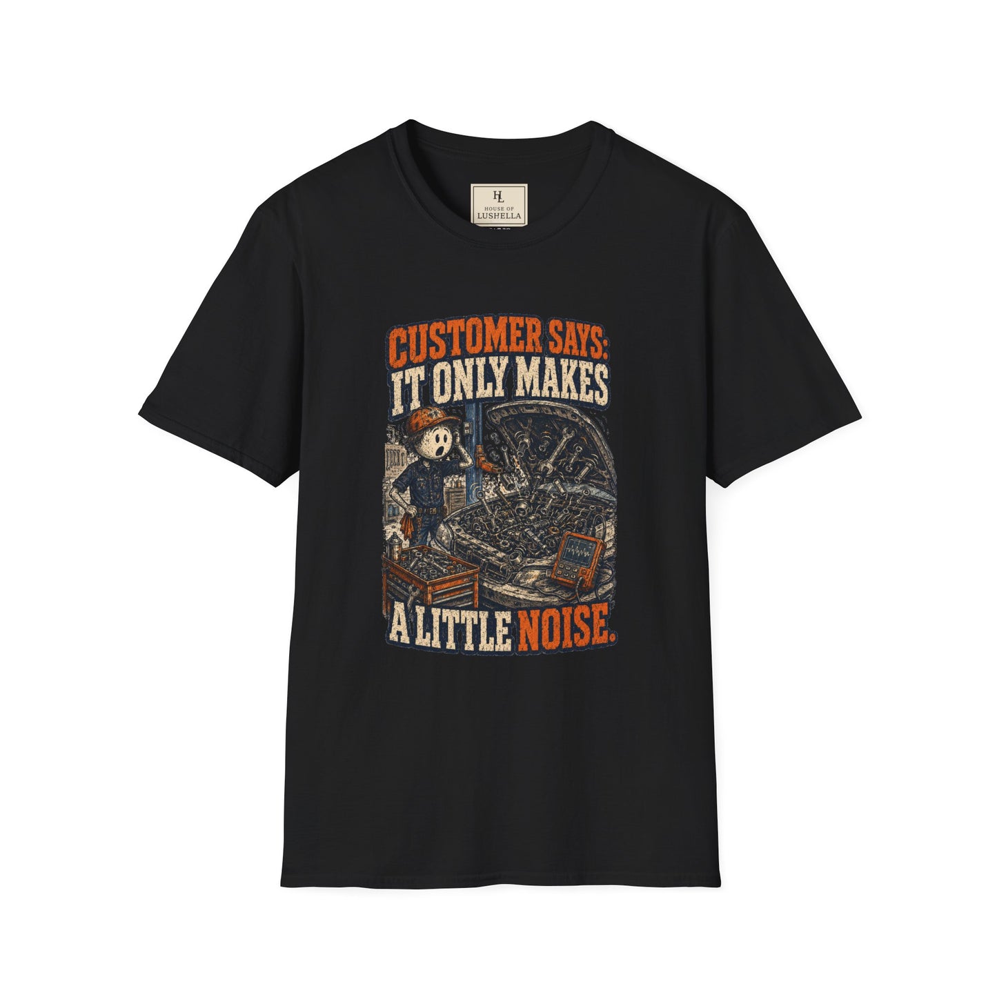 It Only Makes a Little Noise Mechanic Shirt on a Black T-shirt — House of Lushella