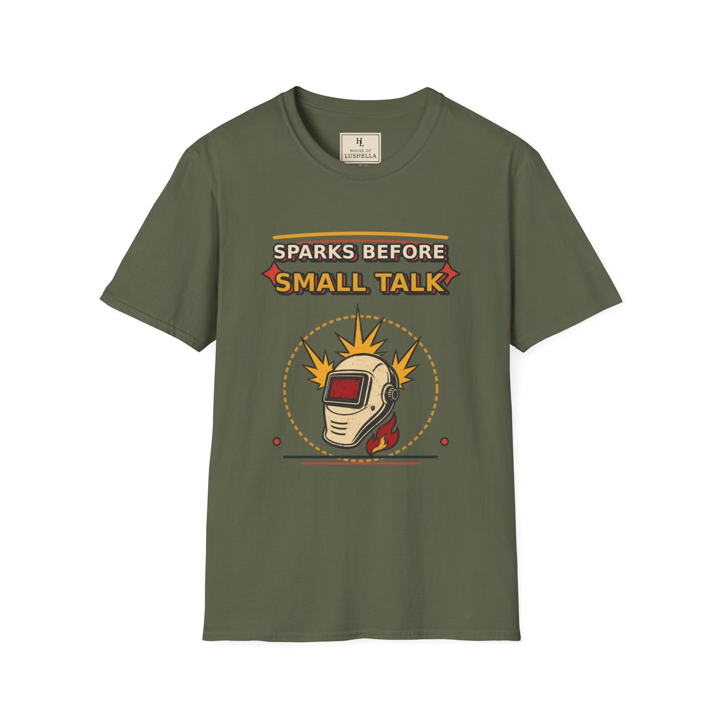 Sparks Before Small Talk Welder Shirt product mockup, view 3