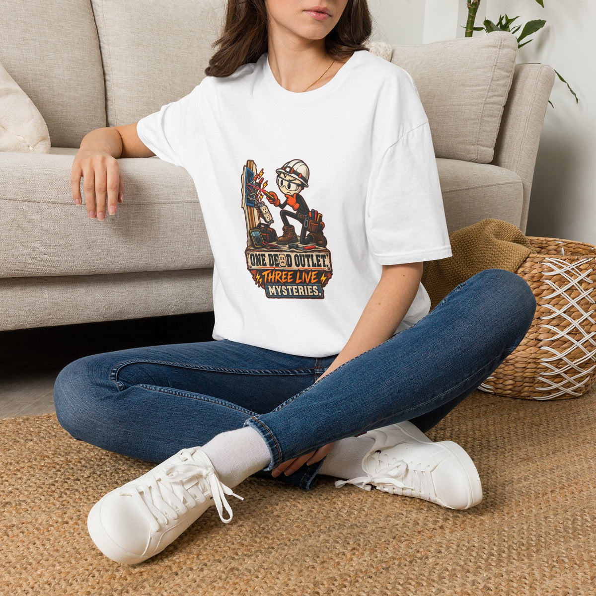 One Dead Outlet, Three Live Mysteries | Funny Electrician T-Shirt product mockup