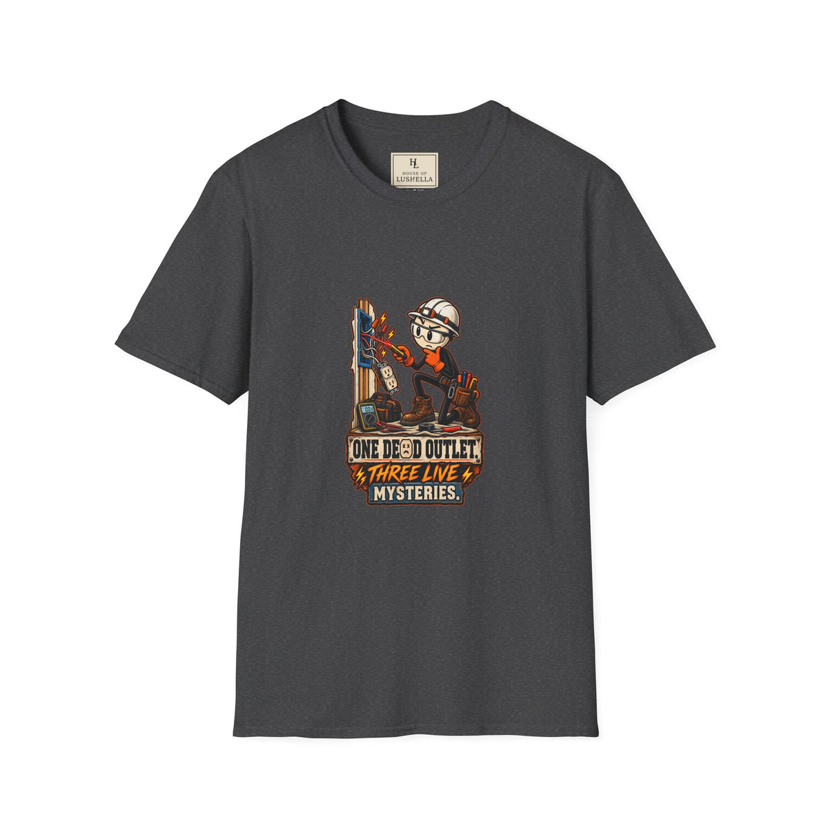 One Dead Outlet, Three Live Mysteries | Funny Electrician T-Shirt product mockup