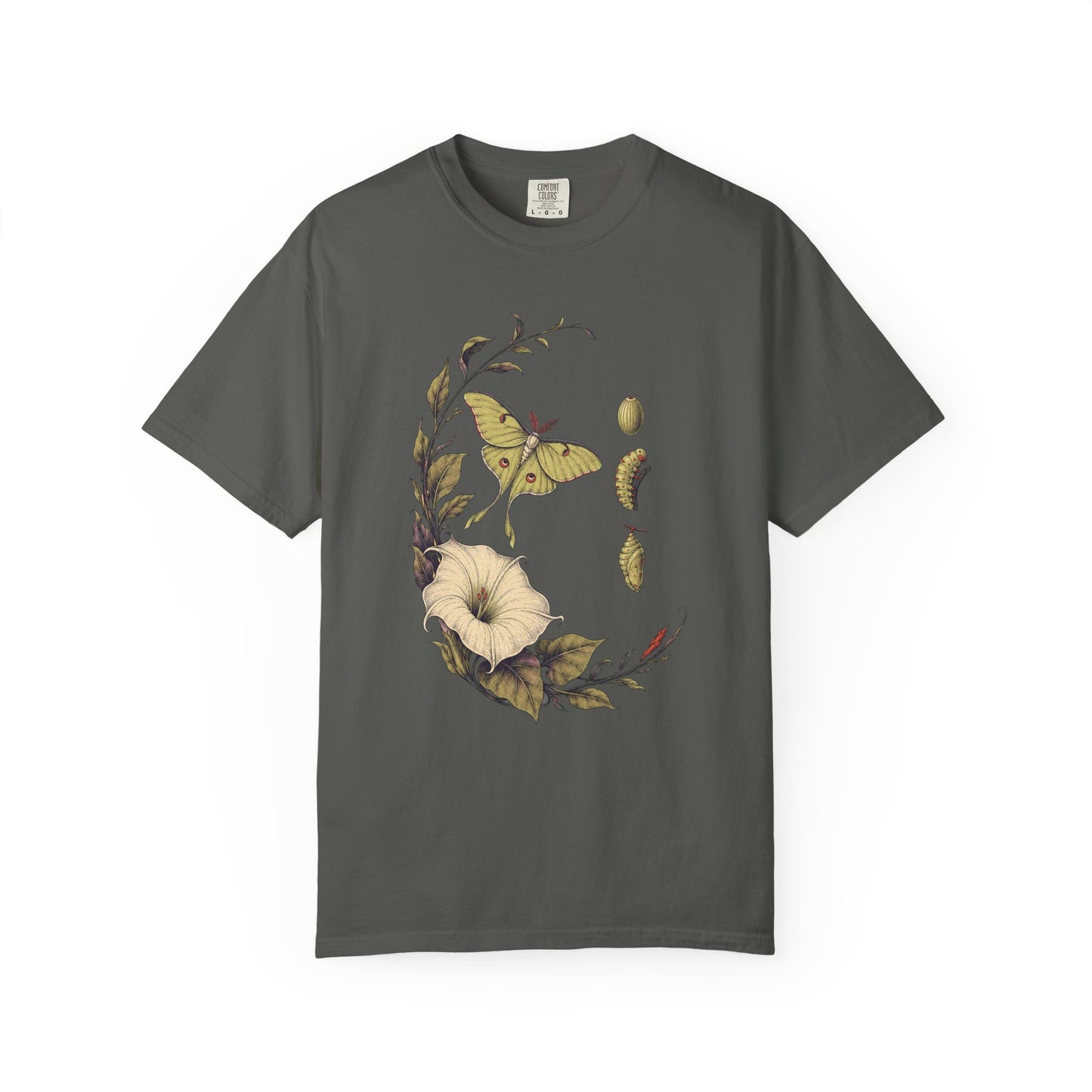 Night Pollinator Botanical Moth Shirt product mockup, view 2