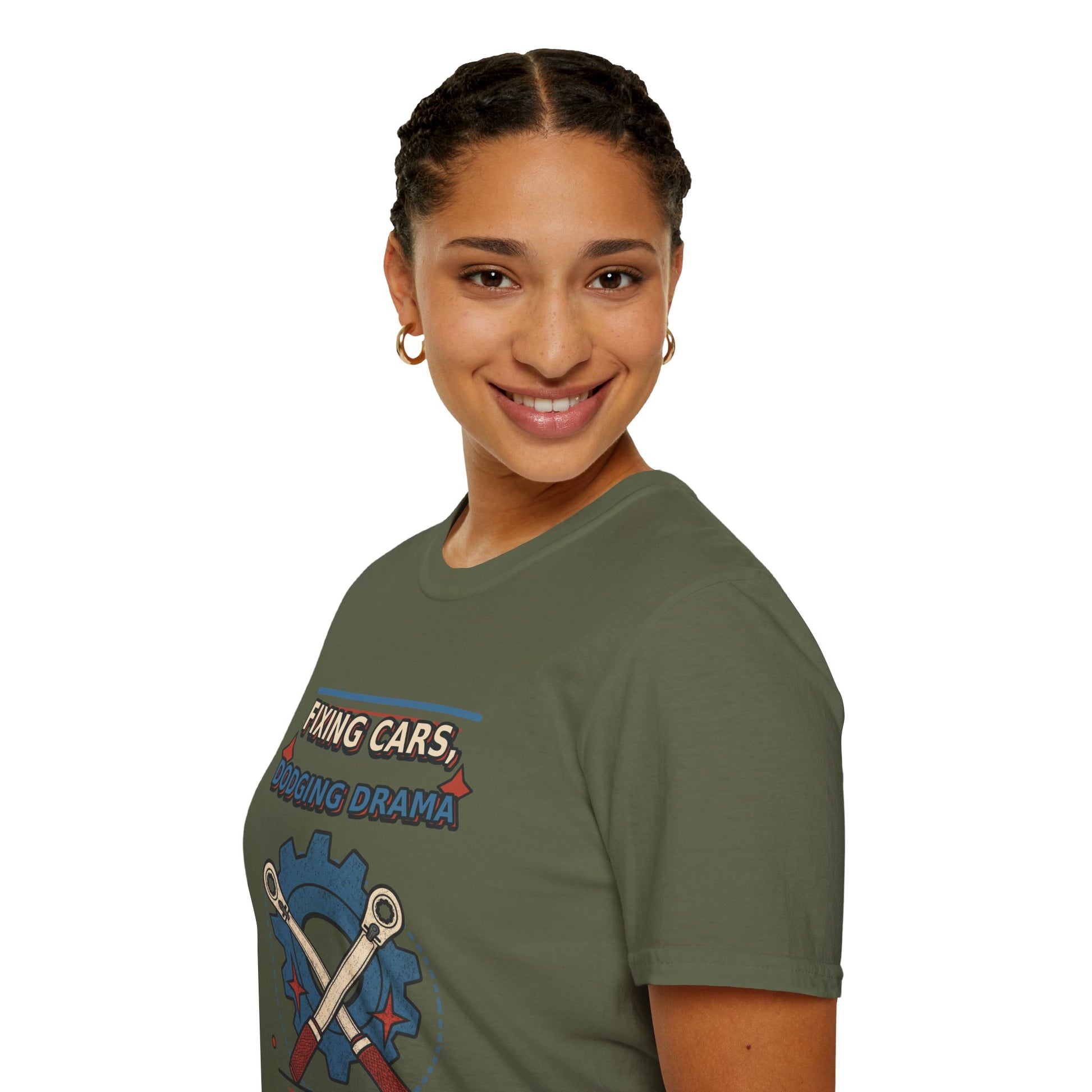 Fixing Cars Dodging Drama Mechanic Shirt product mockup, view 16