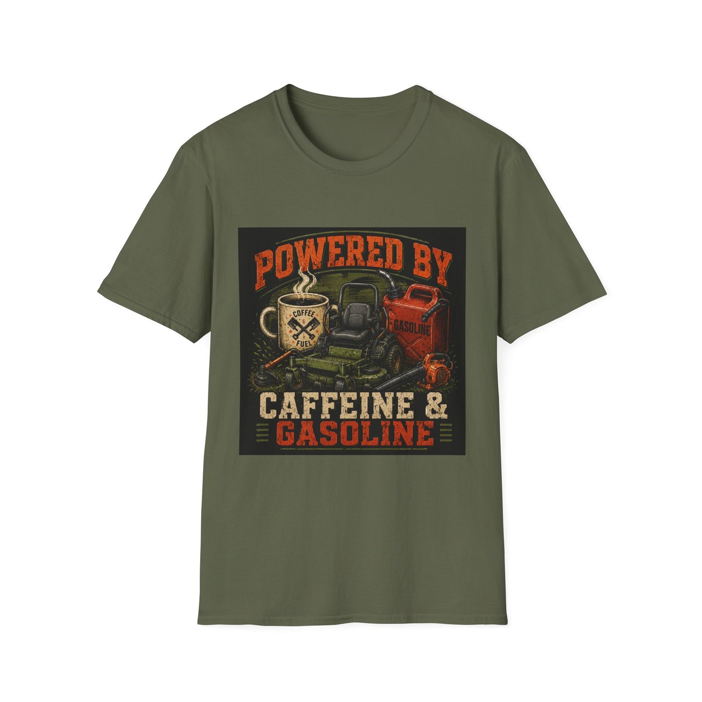 Powered by Caffeine and Gasoline Lawn Care Shirt product mockup, view 3