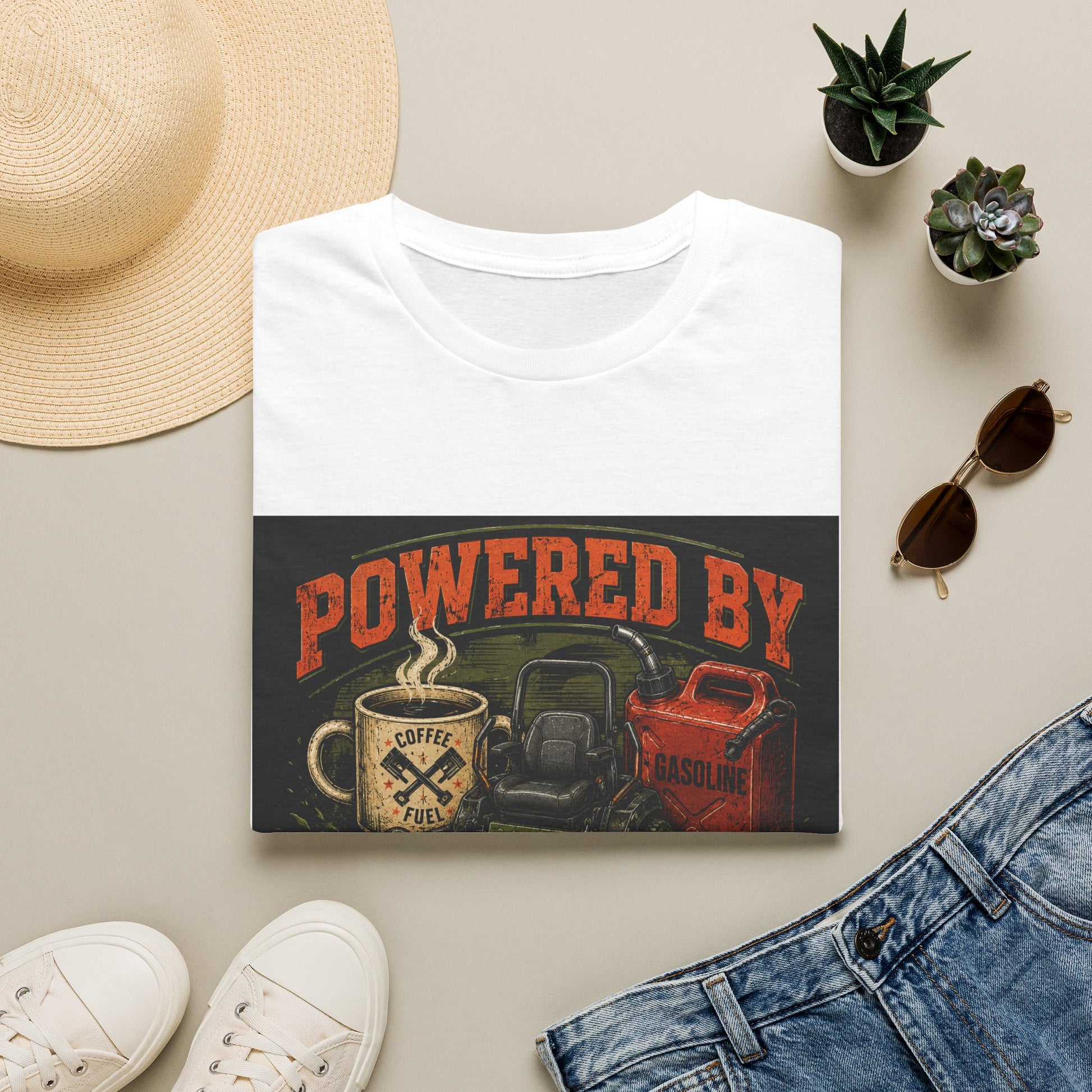 Powered by Caffeine and Gasoline Lawn Care Shirt product mockup, view 7