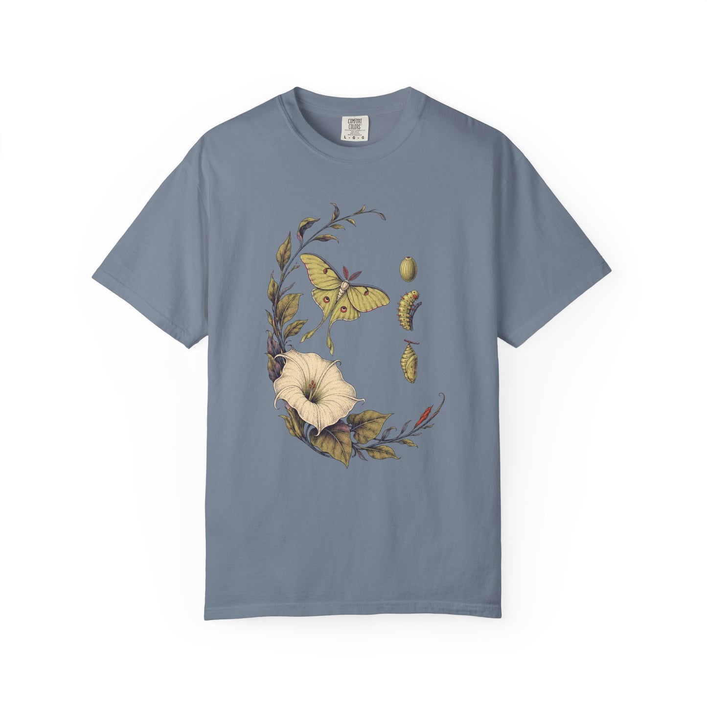 Night Pollinator Botanical Moth Shirt product mockup, view 3