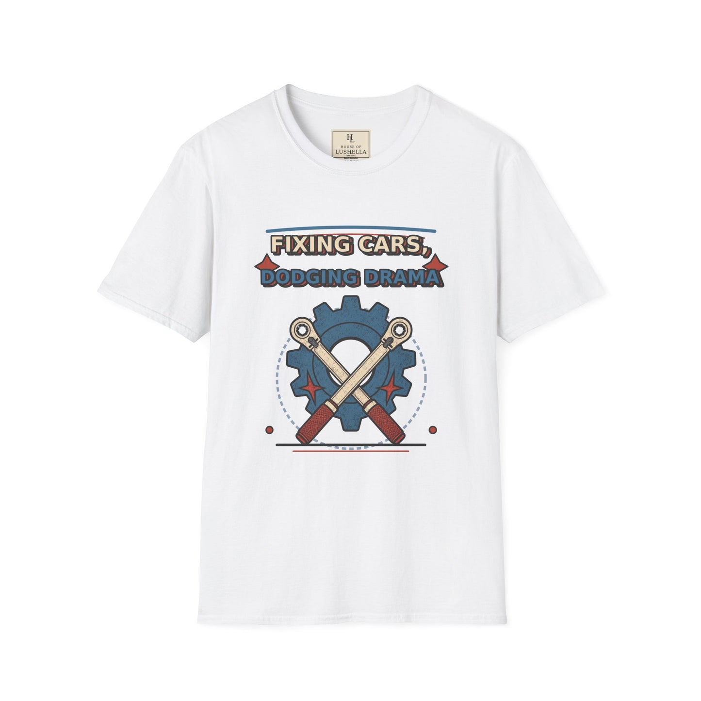 Fixing Cars Dodging Drama Mechanic Shirt product mockup, view 1