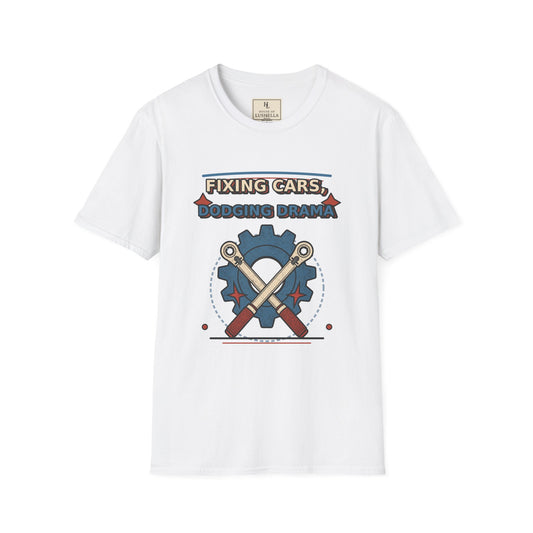 Fixing Cars Dodging Drama Mechanic Shirt product mockup, view 1