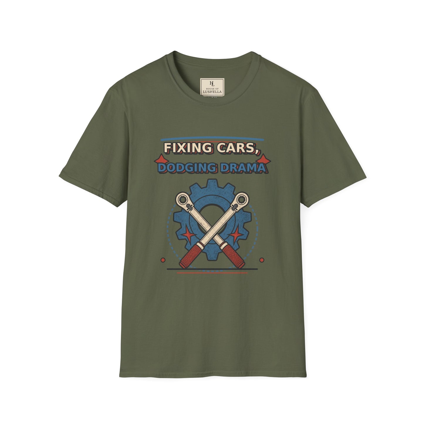 Fixing Cars Dodging Drama Mechanic Shirt product mockup, view 3