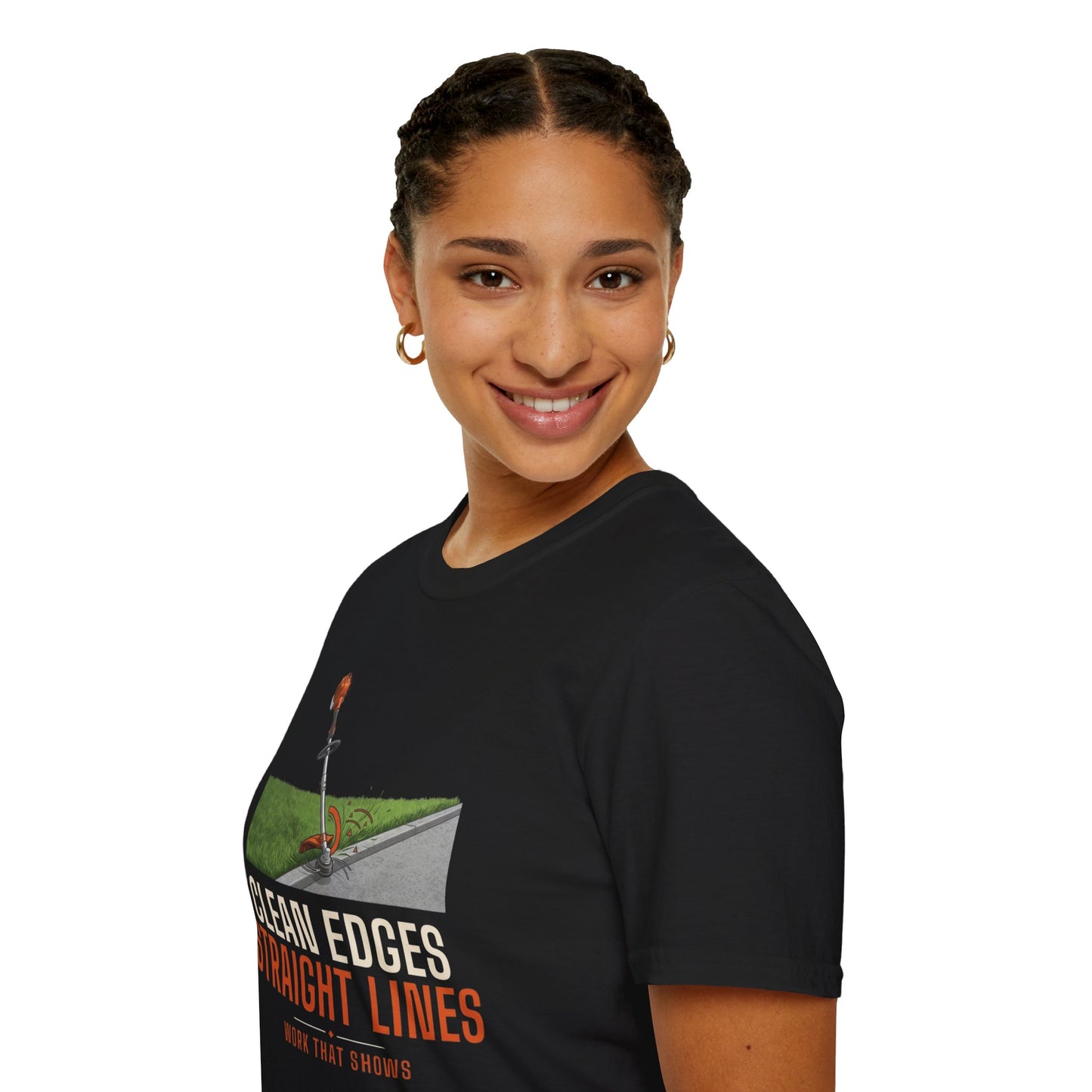 Clean Edges Straight Lines Lawn Care Shirt product mockup, view 7