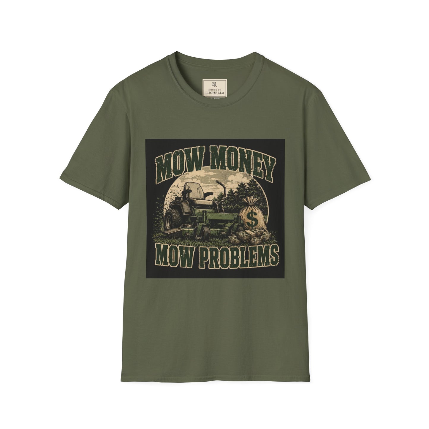 Mow Money Mow Problems Lawn Care Shirt product mockup, view 3