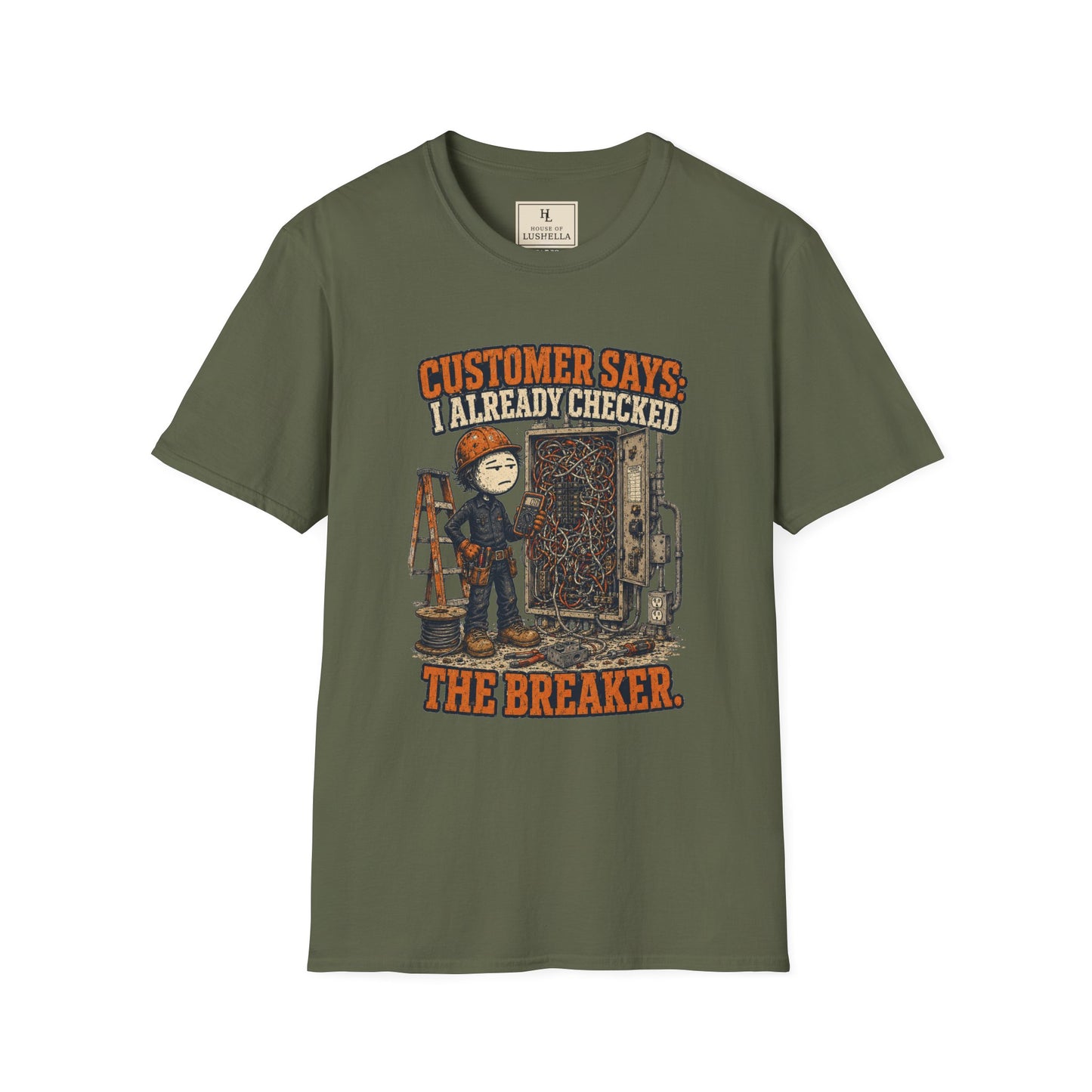 Customer Checked the Breaker Electrician Shirt on a Military Green T-shirt — House of Lushella