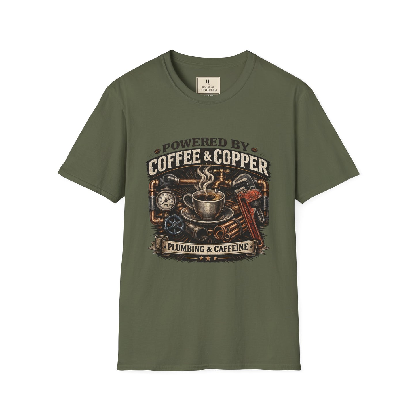 Powered by Coffee and Copper Plumber Shirt product mockup, view 3