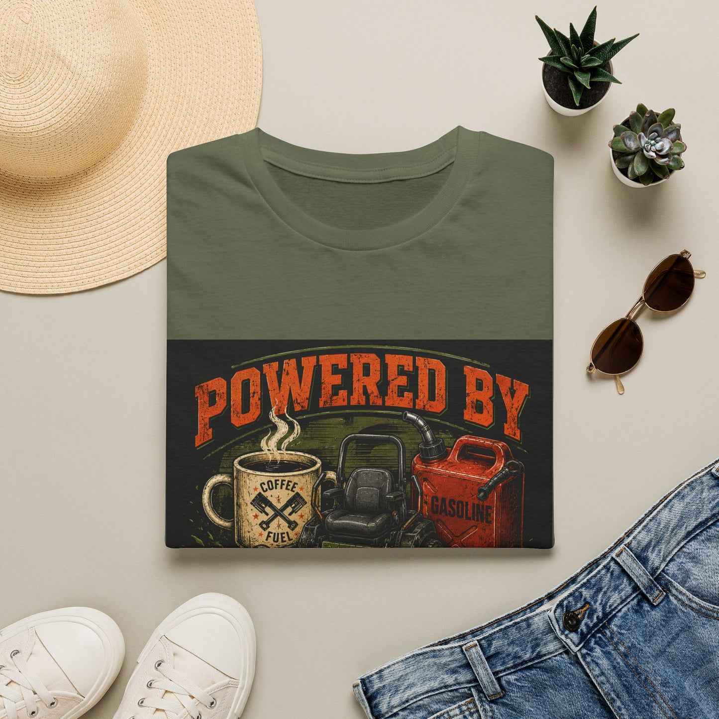 Powered by Caffeine and Gasoline Lawn Care Shirt product mockup, view 11