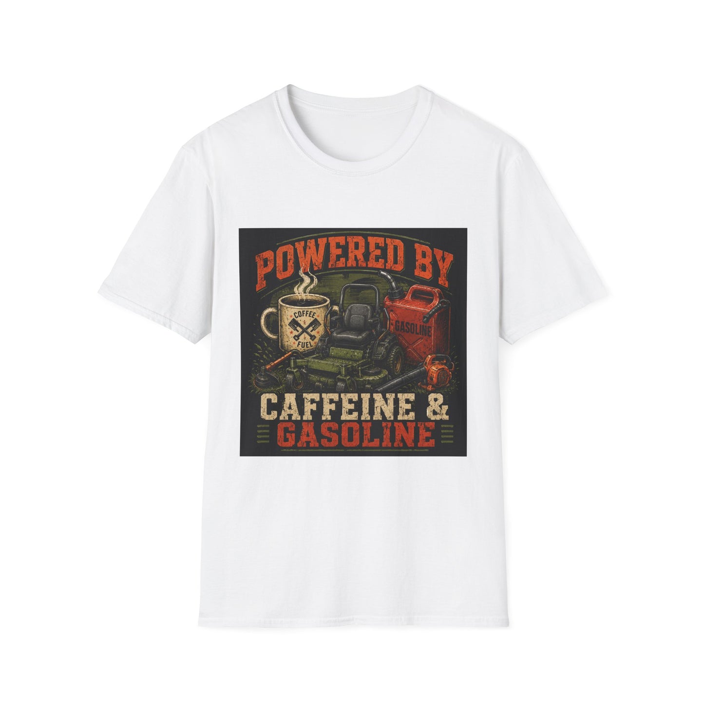 Powered by Caffeine and Gasoline Lawn Care Shirt product mockup, view 1