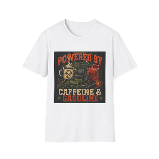 Powered by Caffeine and Gasoline Lawn Care Shirt product mockup, view 1