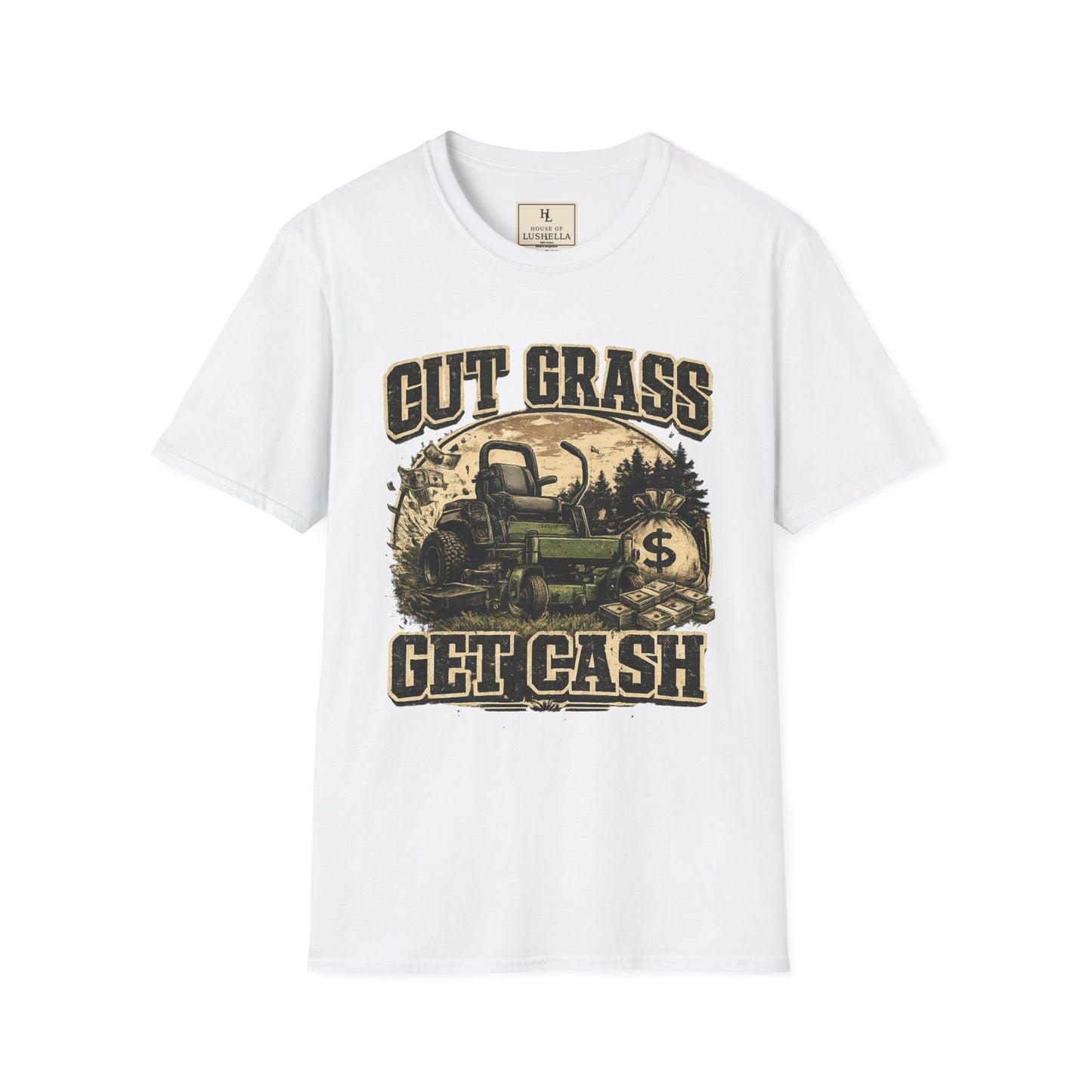 Cut Grass Get Cash Lawn Care Shirt product mockup, view 1