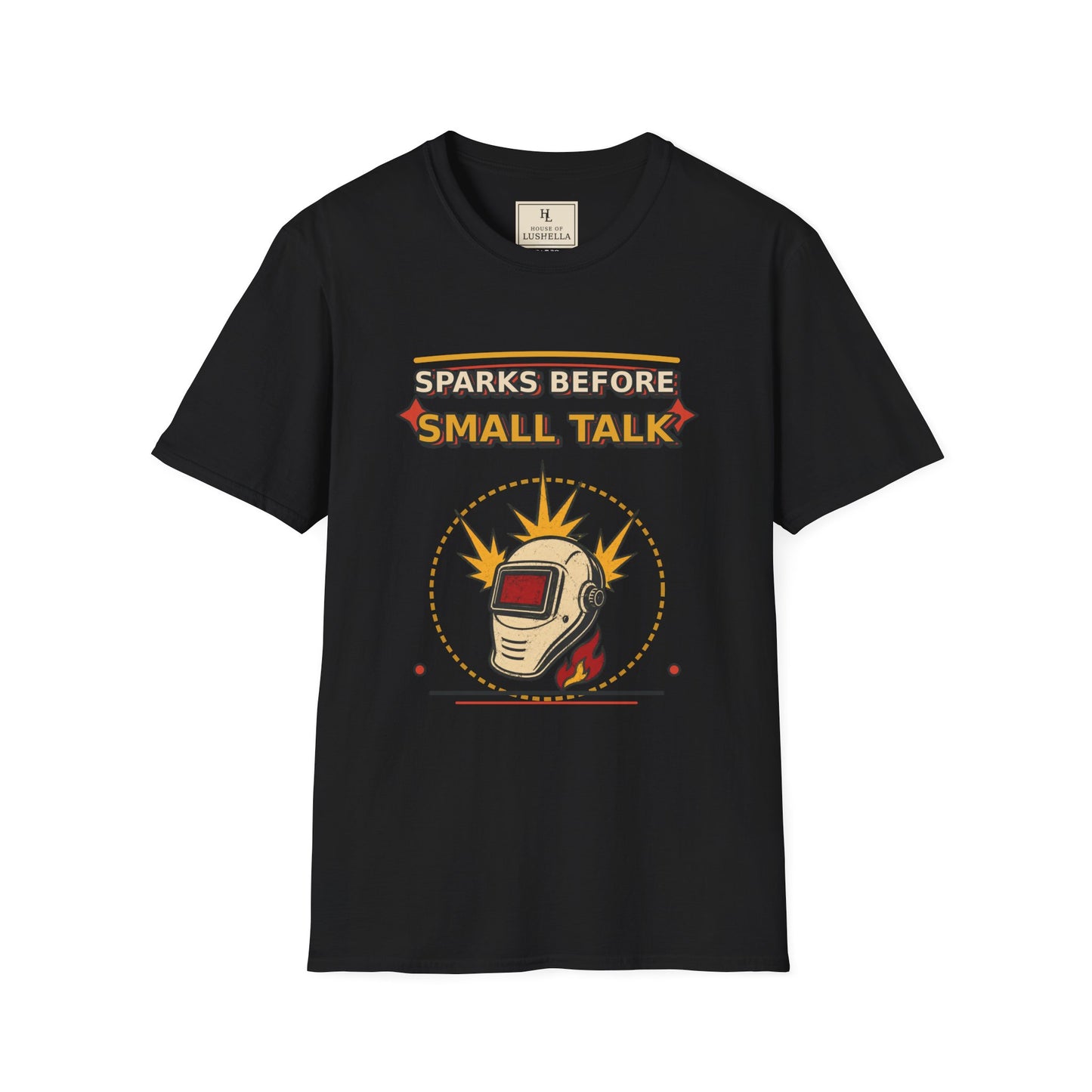 Sparks Before Small Talk Welder Shirt product mockup, view 2