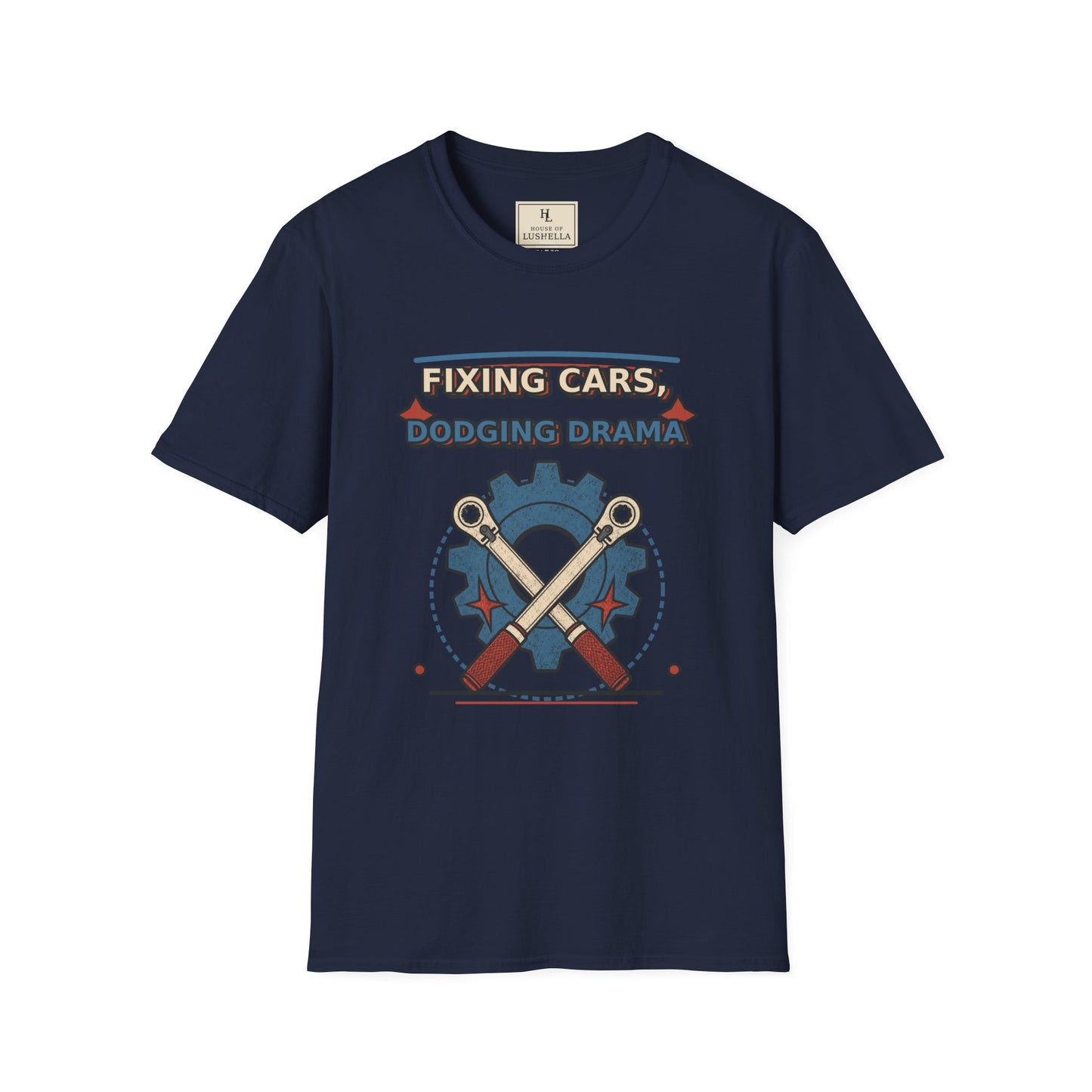 Fixing Cars Dodging Drama Mechanic Shirt product mockup, view 4