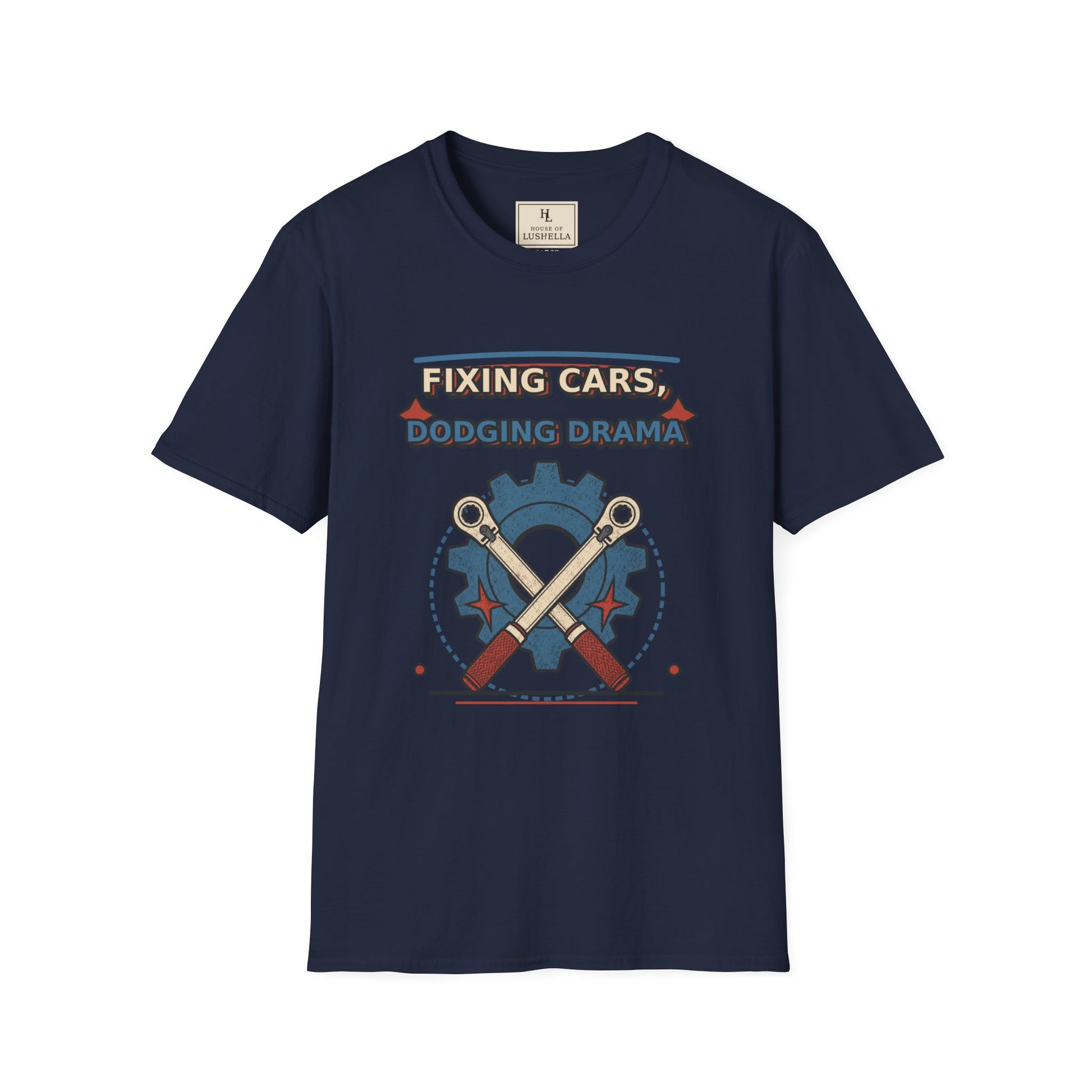 Fixing Cars Dodging Drama Mechanic Shirt product mockup, view 4