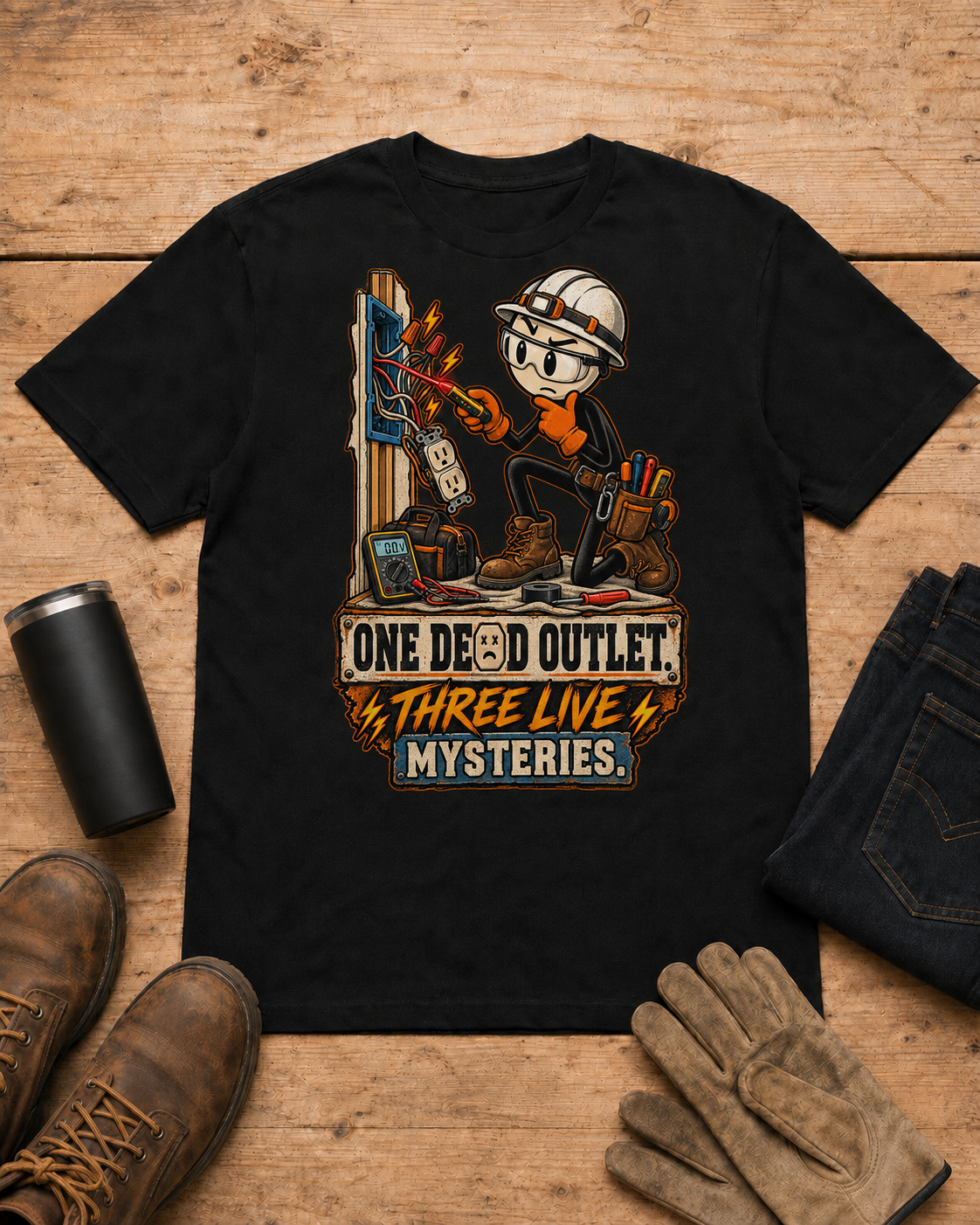 One Dead Outlet, Three Live Mysteries | Funny Electrician T-Shirt product mockup