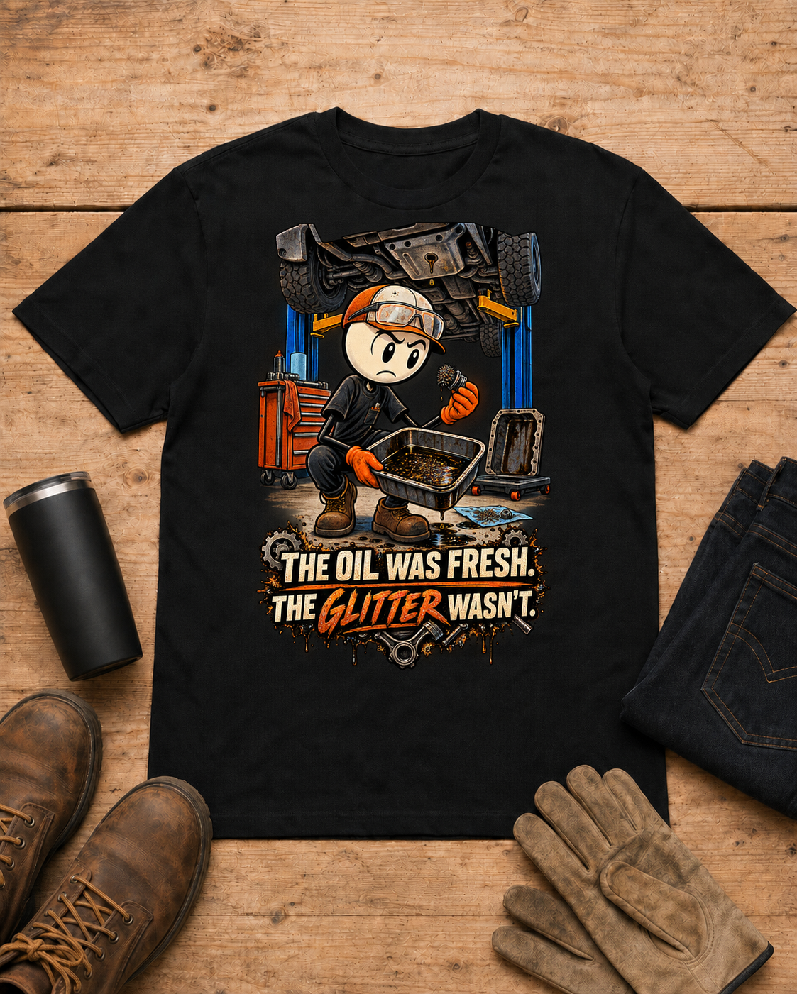 Fresh Oil, Unexpected Glitter | Funny Mechanic T-Shirt product mockup
