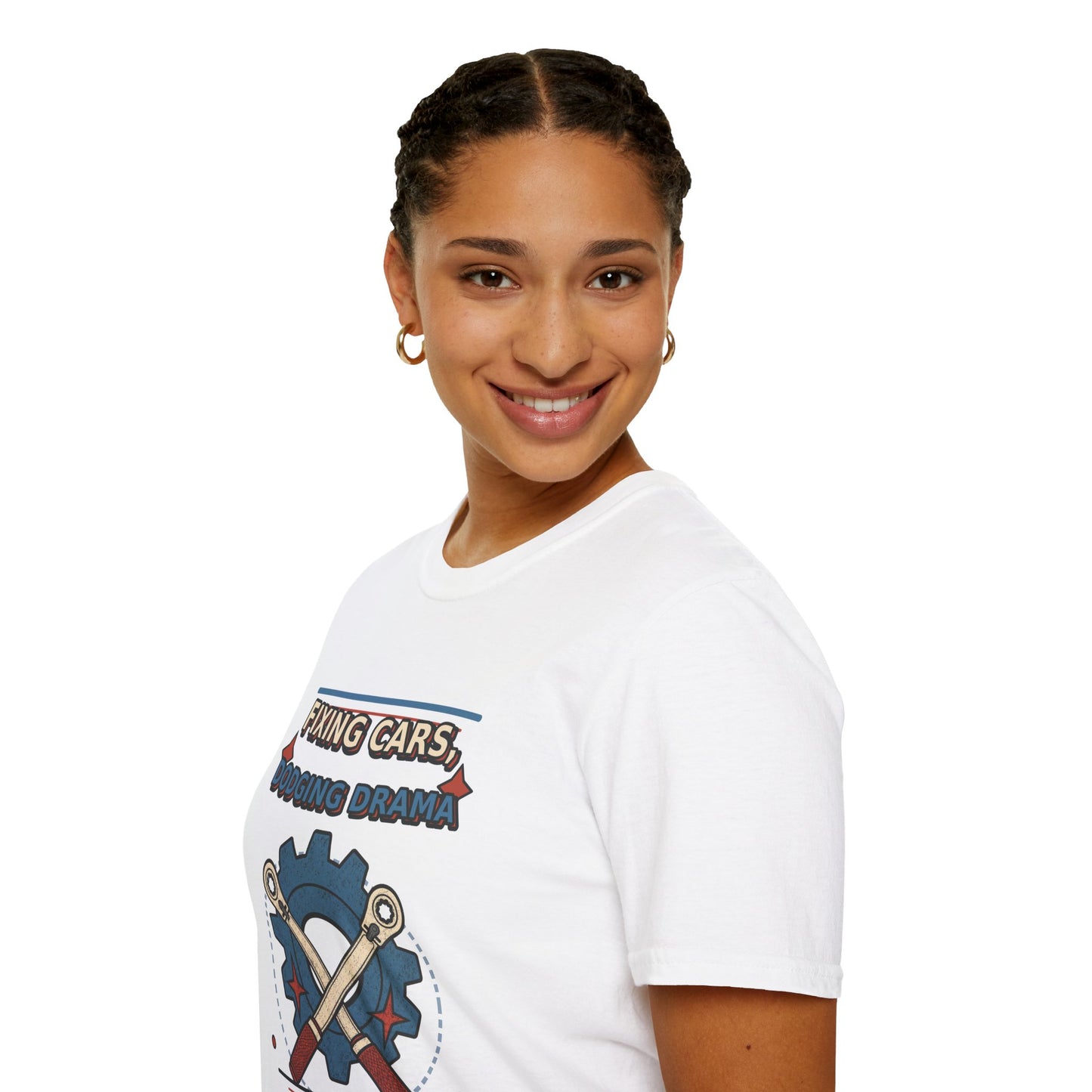 Fixing Cars Dodging Drama Mechanic Shirt product mockup, view 8