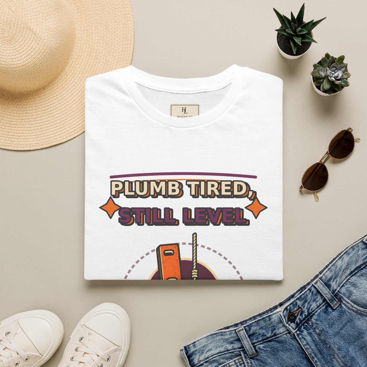 Plumb Tired Still Level Plumber Shirt product mockup, view 3