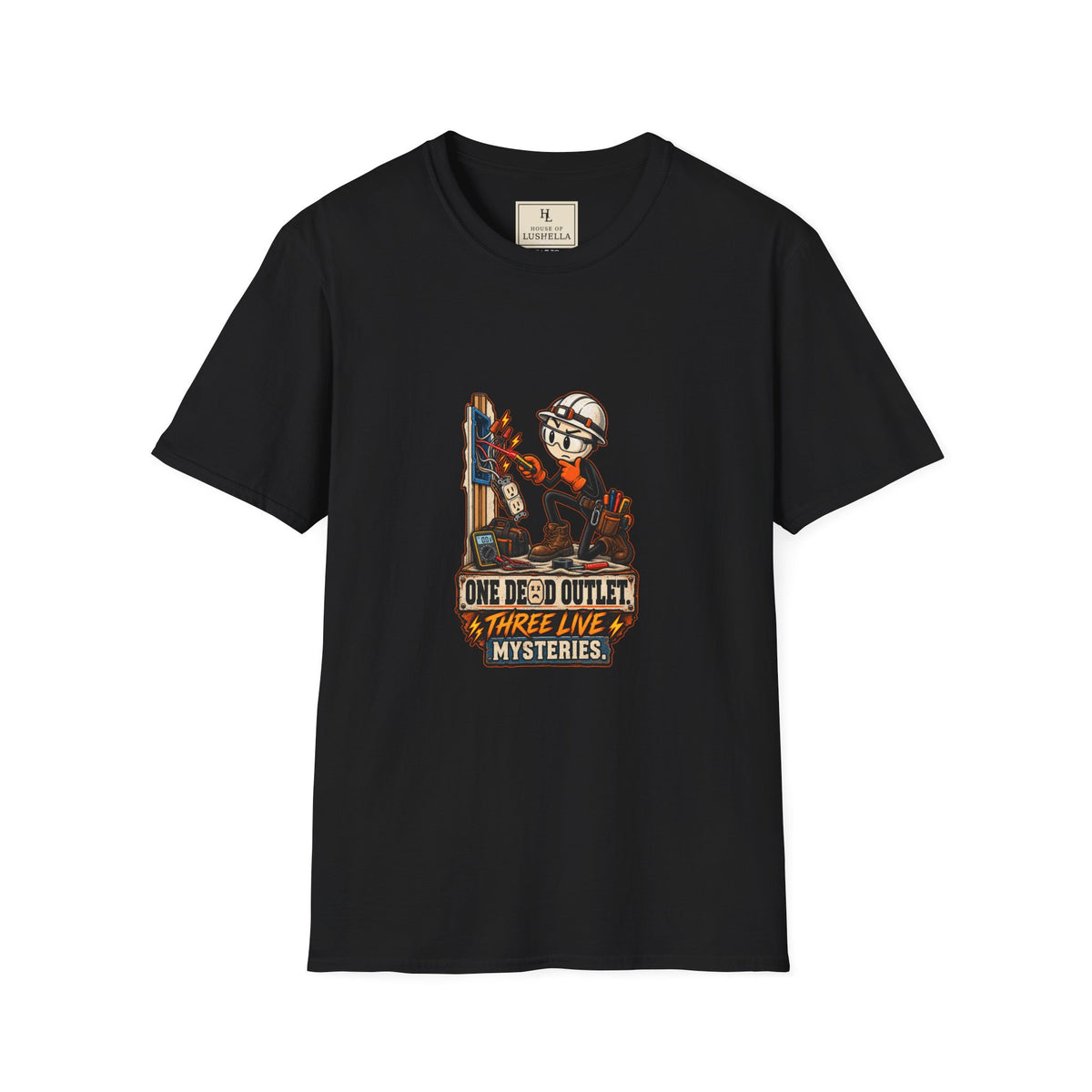 One Dead Outlet, Three Live Mysteries | Funny Electrician T-Shirt product mockup